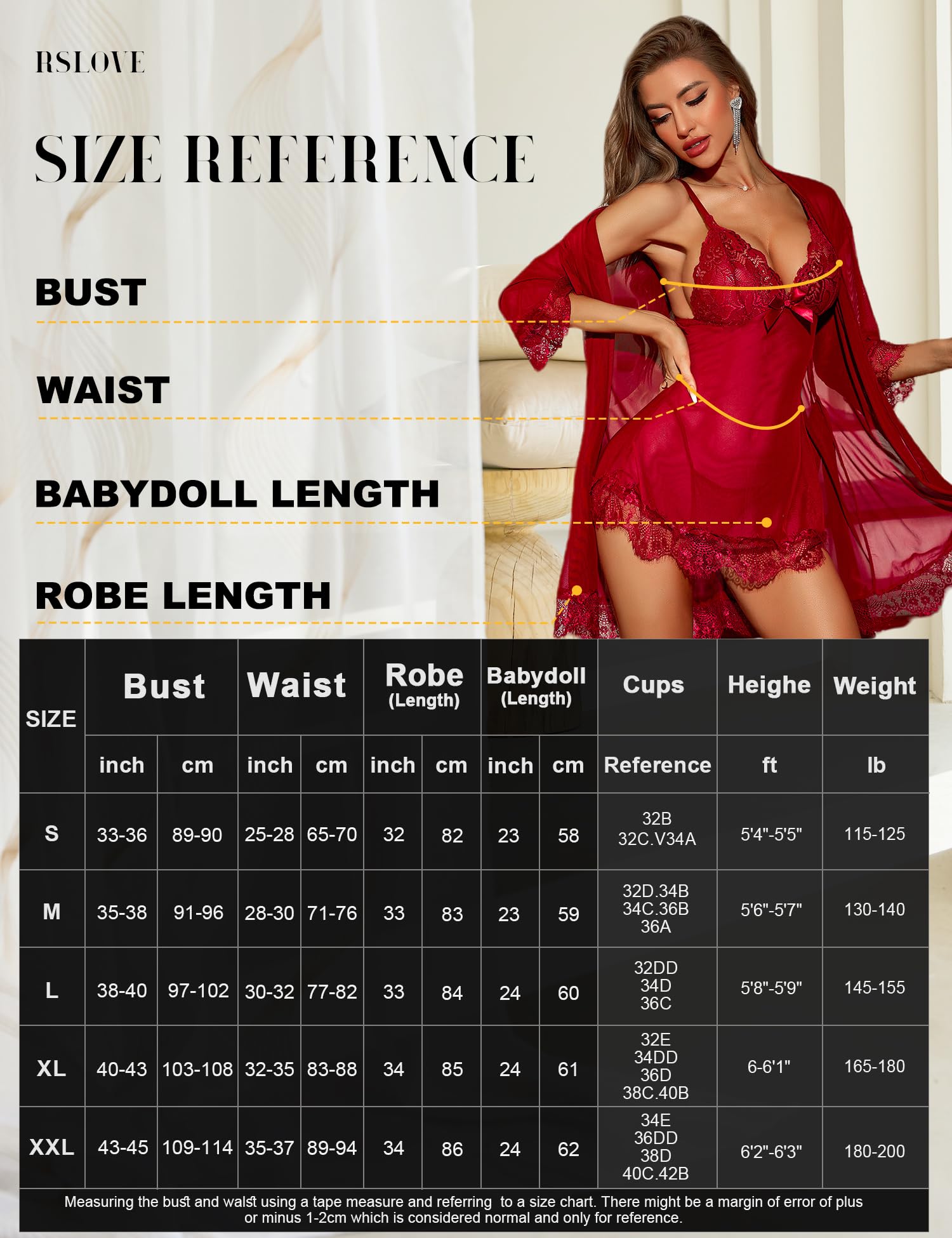 RSLOVE Women Sexy Lingerie Set 3 Piece Babydoll & Lace Kimono Robe Strap Chemise Mesh Nightgown Wine Red M