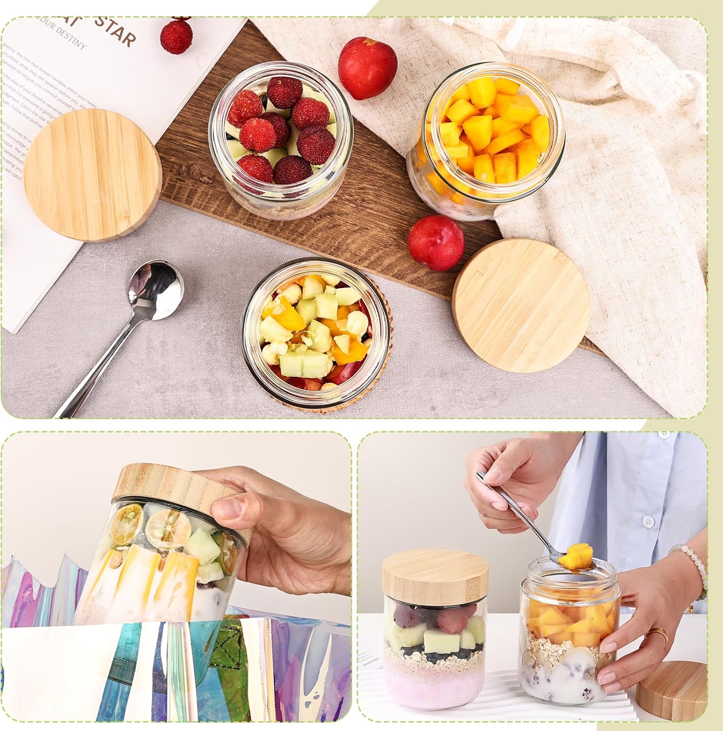 6-Pack Overnight Oats Containers with Bamboo Airtight Lids, 16oz Wide Mouth Mason Salad jars, Glass Food Storage Containers for Snacks Sugar Spice Yogurt