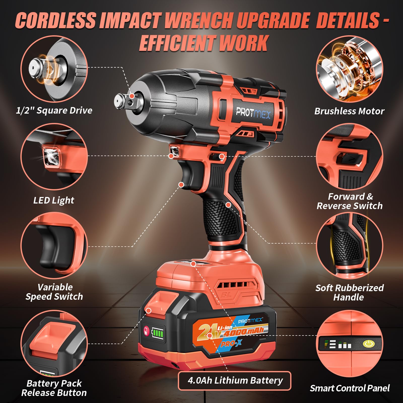 Cordless Impact Wrench, 900Ft-lbs (1200N.m) 1/2" Brushless Impact Gun, 21V High Torque Power Impact Driver, 2x4.0Ah Batteries Electric Impact Motor Variable Speeds for Family Car/Pickup Truck/Mower