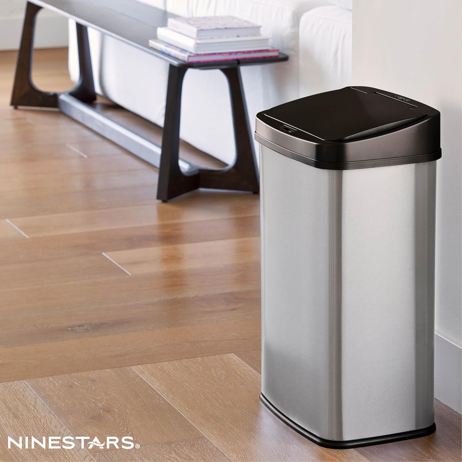 Ninestars Automatic Touchless Infrared Motion Sensor Trash Can, 13 Gal 50L, Stainless Steel Base (Rectangular, Black Lid), Black Trim