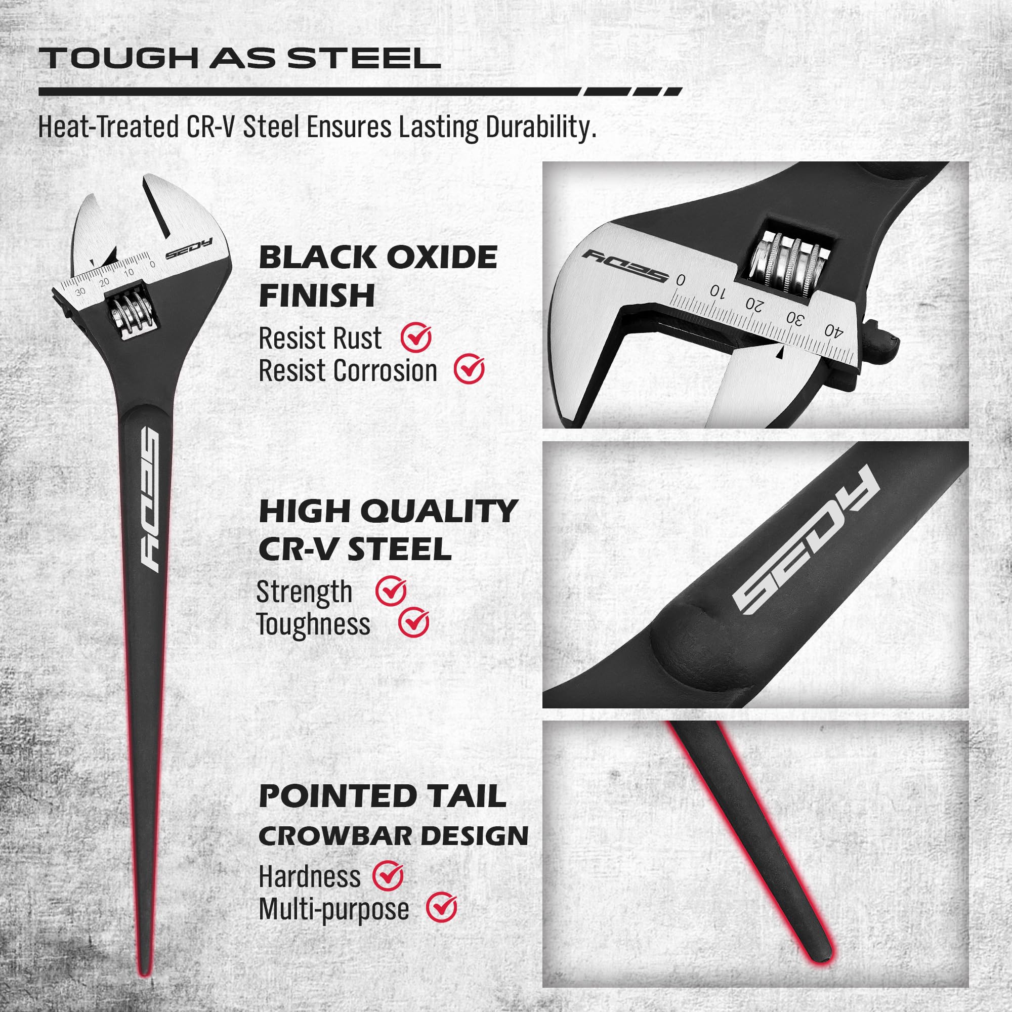 Adjustable Wrench Set Wrenches Sets: 4-Piece 6, 8, 10, 12 Inch Chrome Vanadium Steel Corrosion-Resistant Black Oxide Finish for Automotive Plumbing and Household Repairs