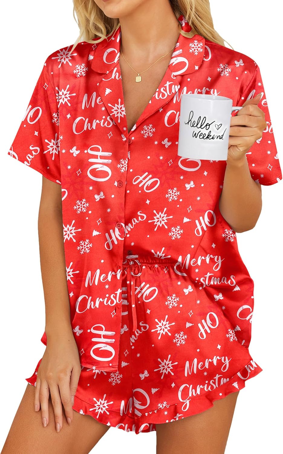 Ekouaer Womens Satin Pajamas Set Button Down 2 Piece Silk Pjs Shorts Set Ruffle Lingerie Notch Collar Sleepwear