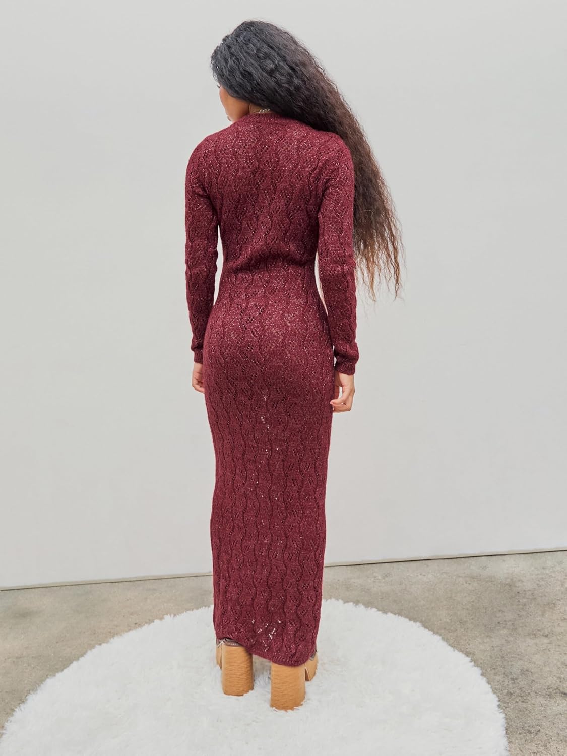 CIDER Burgundy Dress for Women Long Sweater Dresses Mesh Hollow Out Long Sleeve Crew Neck Maxi Winter Dress 2025