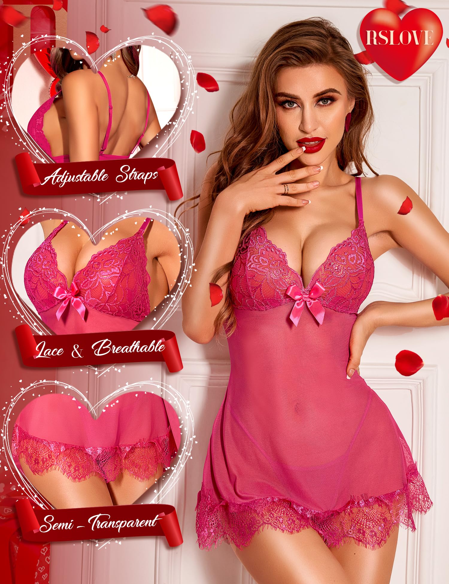 RSLOVE Women Sexy Lingerie Set 3 Piece Babydoll & Lace Kimono Robe Strap Chemise Mesh Nightgown Wine Red M