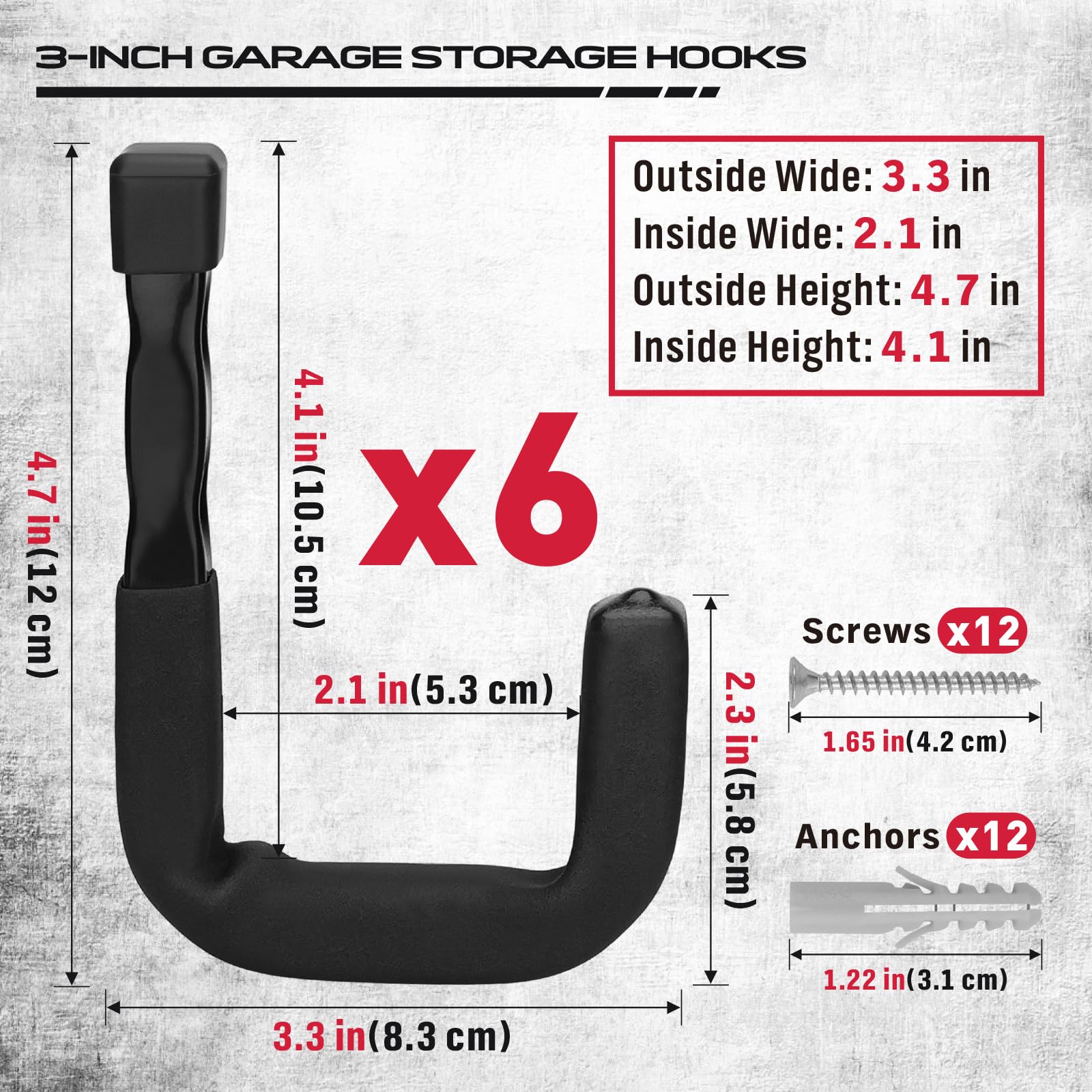 SEDY 6-Piece Heavy Duty Garage Storage Hooks, Wall Mount J Utility Hooks Holds 88 LB, Large Metal Utility, Garage Storage Ladders for Bikes, Garden Tools