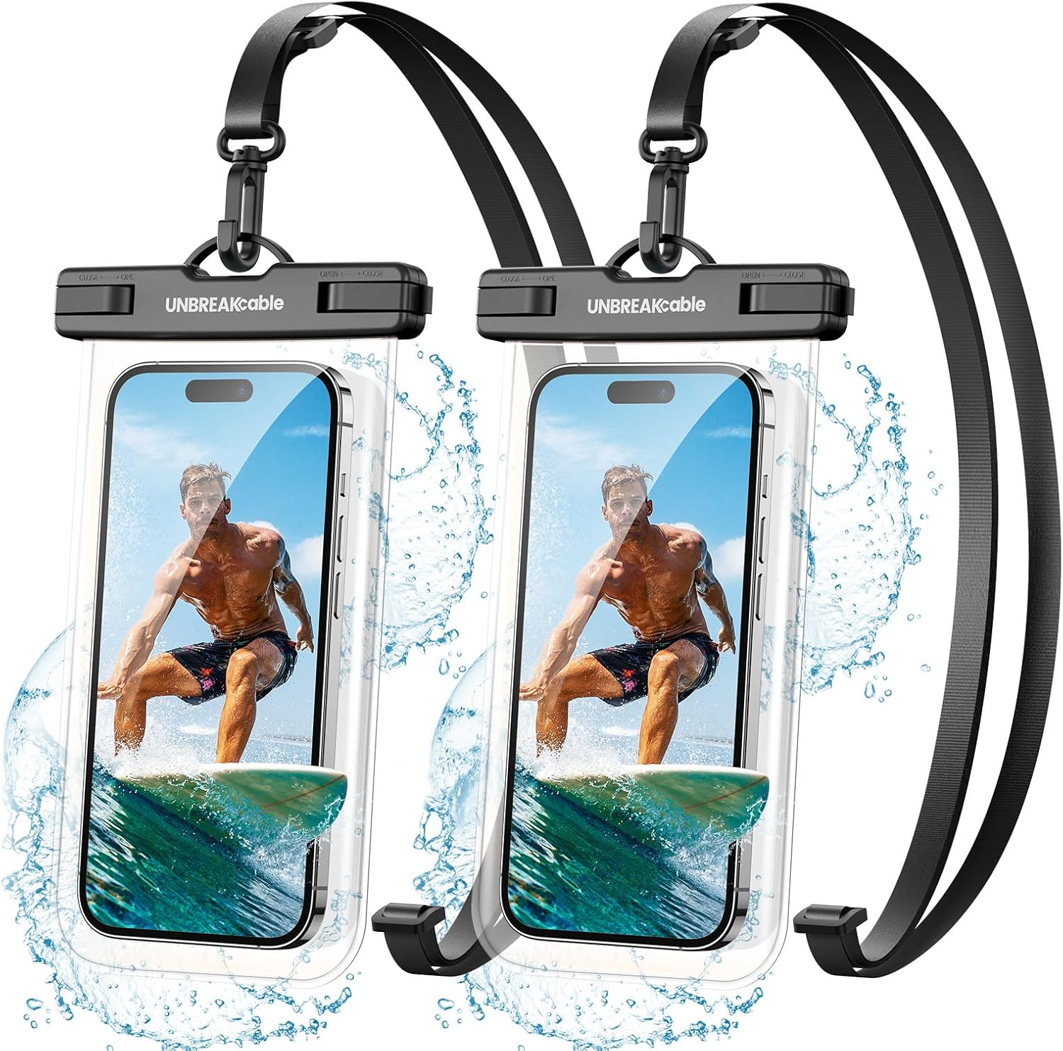 UNBREAKcable Waterproof Phone Pouch-2 Pack IPX8 Waterproof Phone Case for iPhone 16 15 14 13 12 11 Pro Max & Samsung S25 S24 S23-Dry Bag & Travel Essentials for Beach, Pool, Kayak & Cruise-7" Black