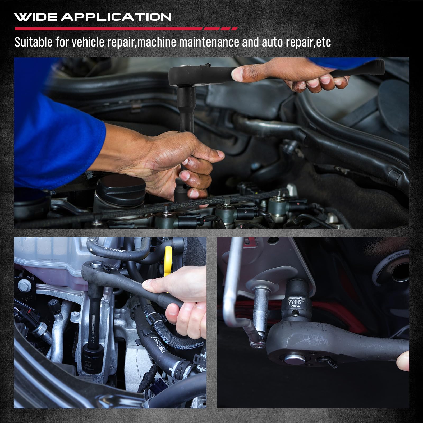 29-Piece 1/2" Drive Impact Socket Set, SAE (3/8 to 1 inch) and Metric (10-24mm) Sizes with Extension Bars Standard Deep Socket Set CR-V Material High Durability Impact Wrench