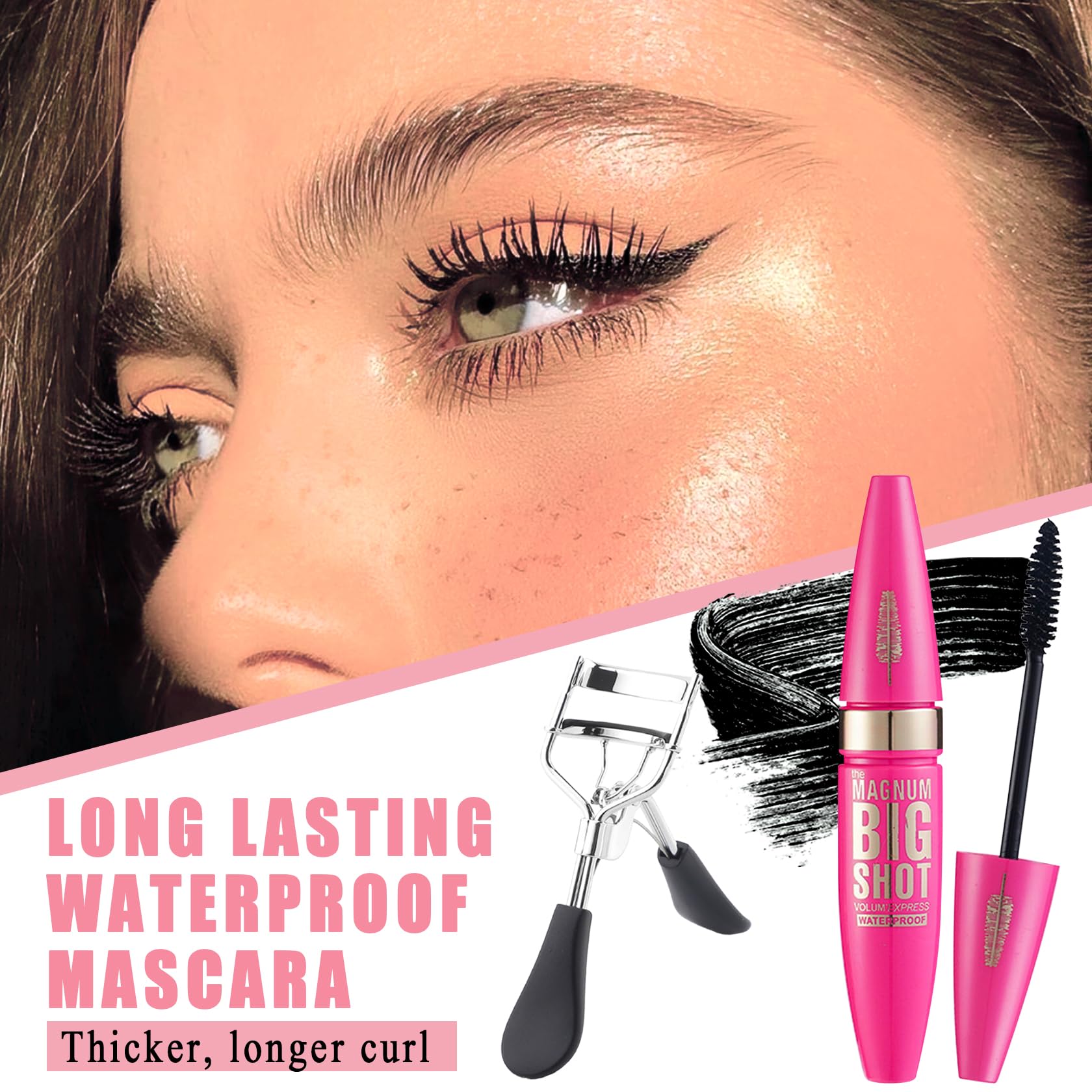 Black Telescopic Mascara Set,3PCS Black Mascara Volume and Length for Eye Makeup,Waterproofing No Clumping Tubing Mascara,No Smudging Curly Black Mascara with Eyelash Curler