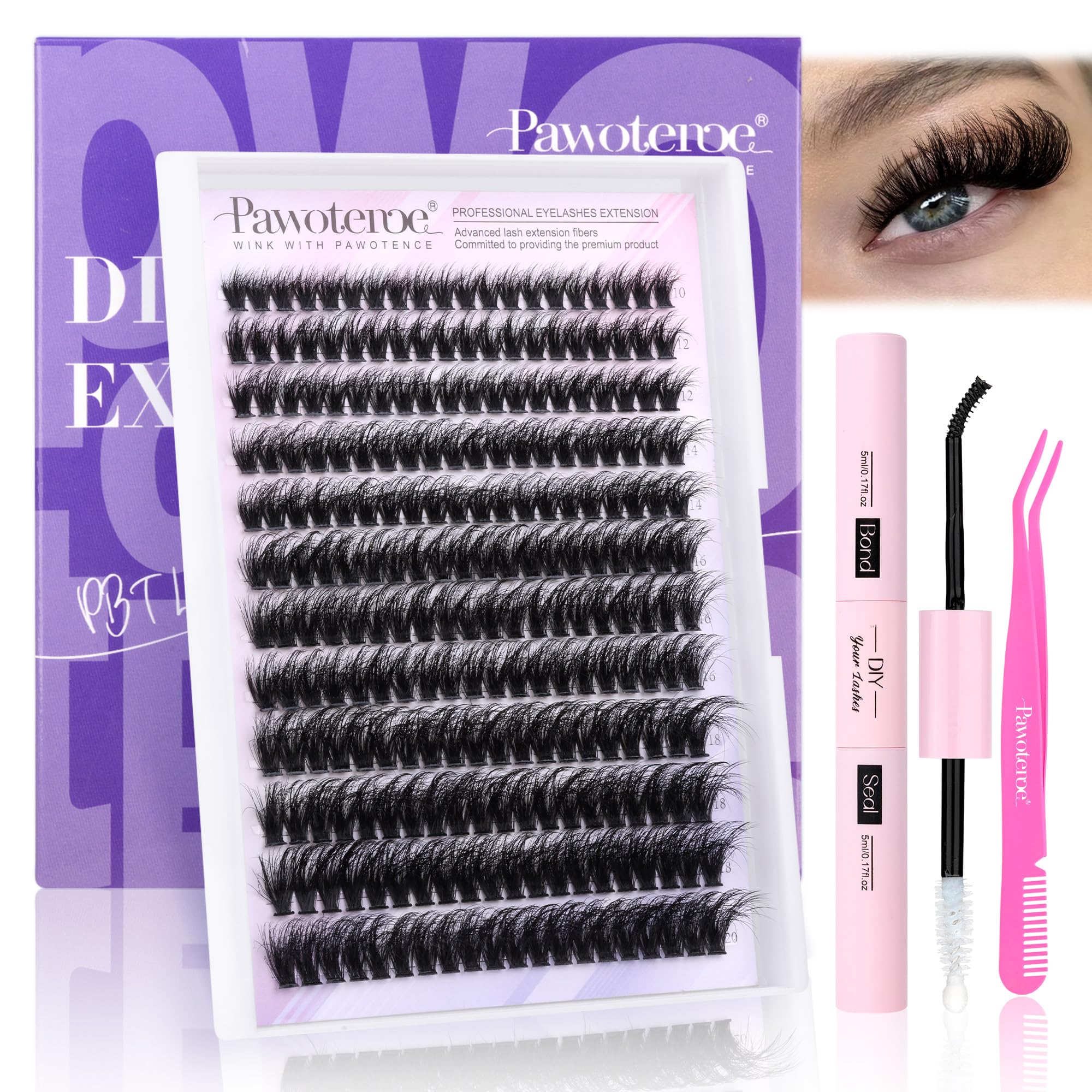 Pawotence Lash Extension Kit DIY 280pcs Lash Clusters Eyelash Extension Kit, 9-16mm 30D 40D Individual Lashes Kit with Lash Bond and Seal, Lash Tweezers for Self Use (30D&40D, 0.07D, 9-16mm, Kit)