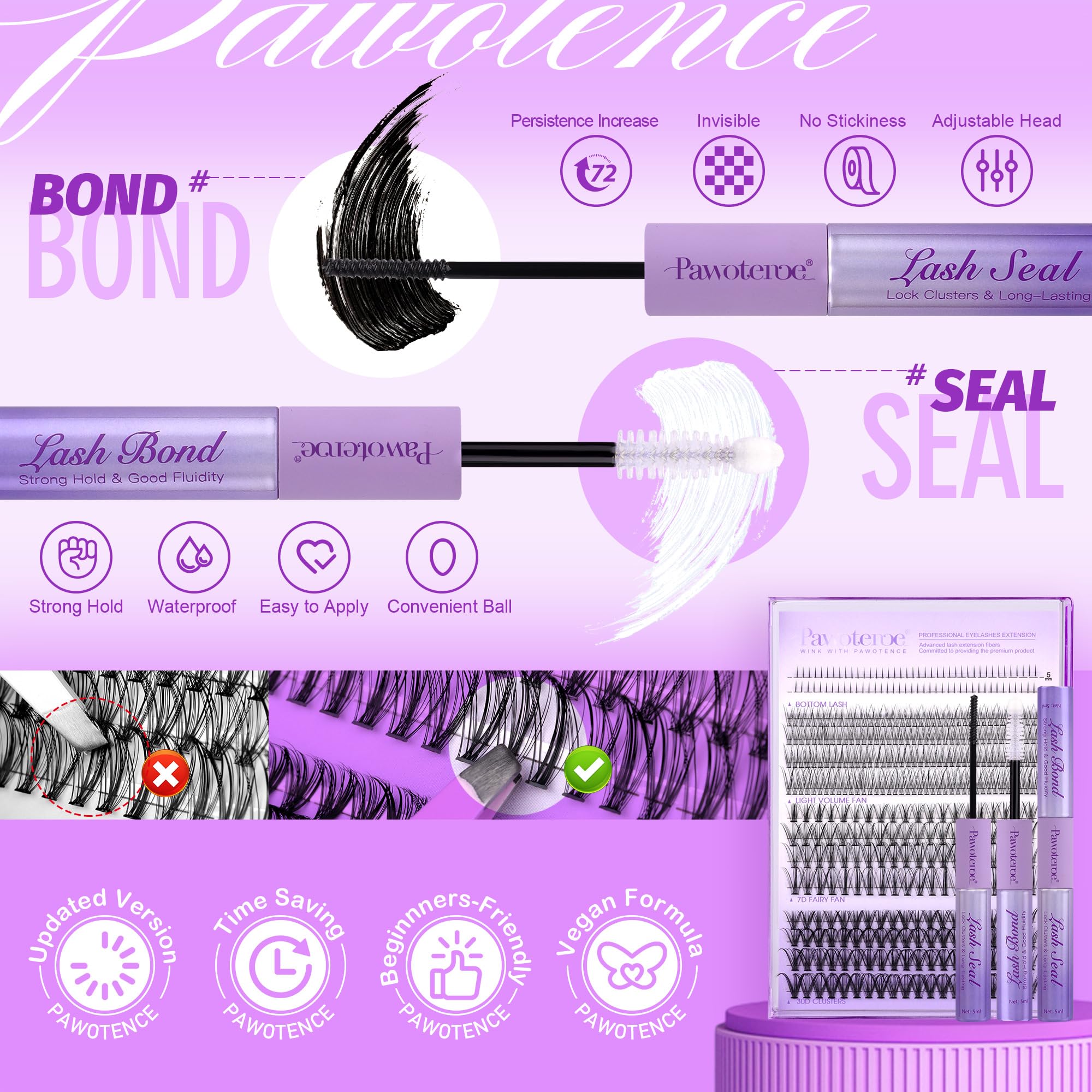 Pawotence Lash Extension Kit DIY 280pcs Lash Clusters Eyelash Extension Kit, 9-16mm 30D 40D Individual Lashes Kit with Lash Bond and Seal, Lash Tweezers for Self Use (30D&40D, 0.07D, 9-16mm, Kit)