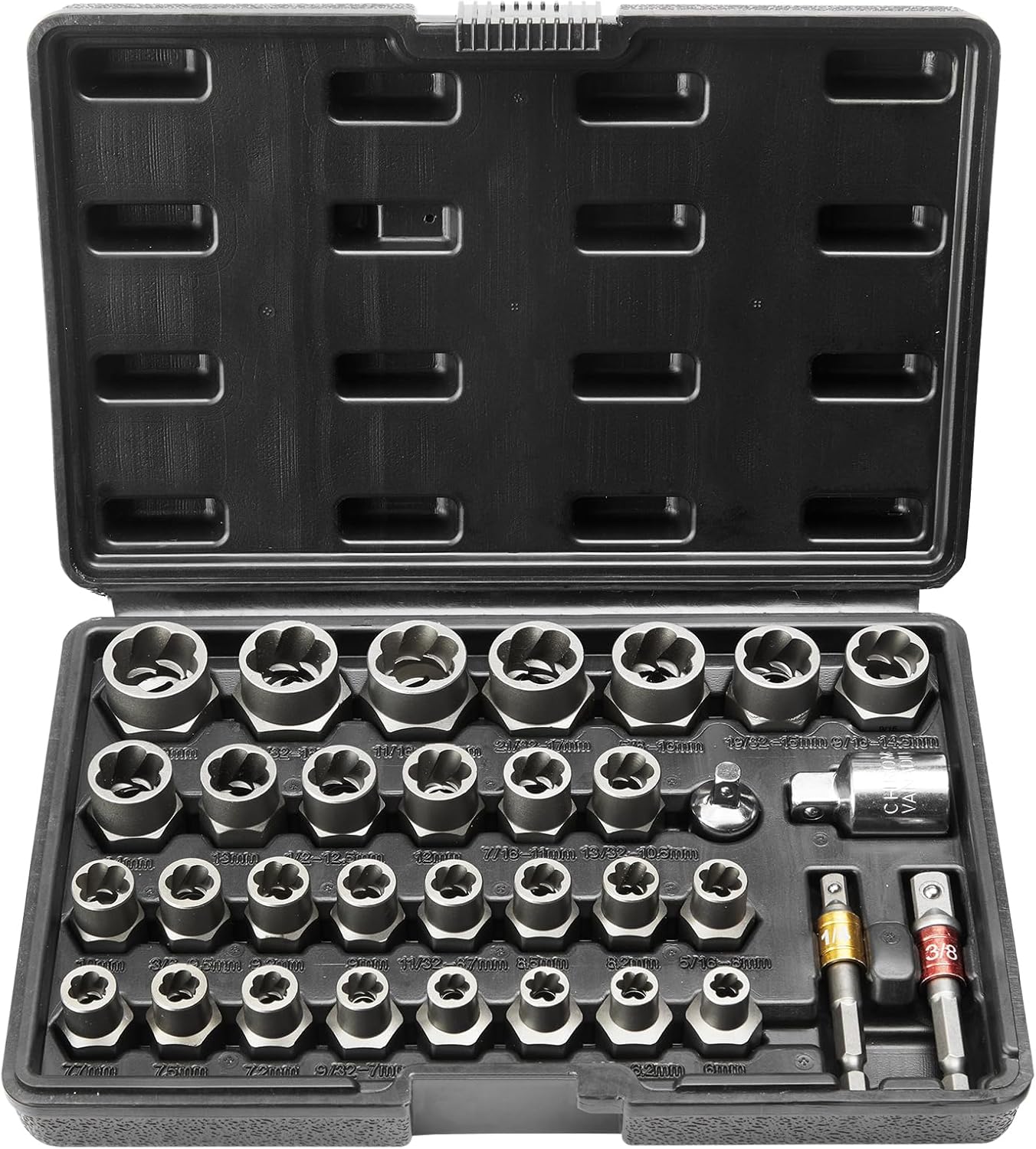 VEVOR Bolt Extractor Set, 32-Piece Bolt and Nut Remover Set, 6mm to 10mm, 13/32" to 3/4", CR-MO Steel Extraction Socket Set with Storage Case, for Removing Damaged Rusted Bolts, Nuts and Screws