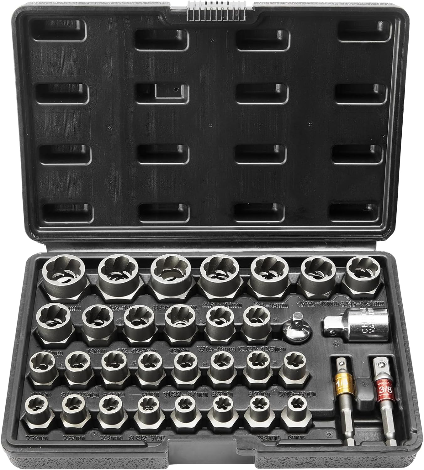 VEVOR Bolt Extractor Set, 32-Piece Bolt and Nut Remover Set, 6mm to 10mm, 13/32" to 3/4", CR-MO Steel Extraction Socket Set with Storage Case, for Removing Damaged Rusted Bolts, Nuts and Screws
