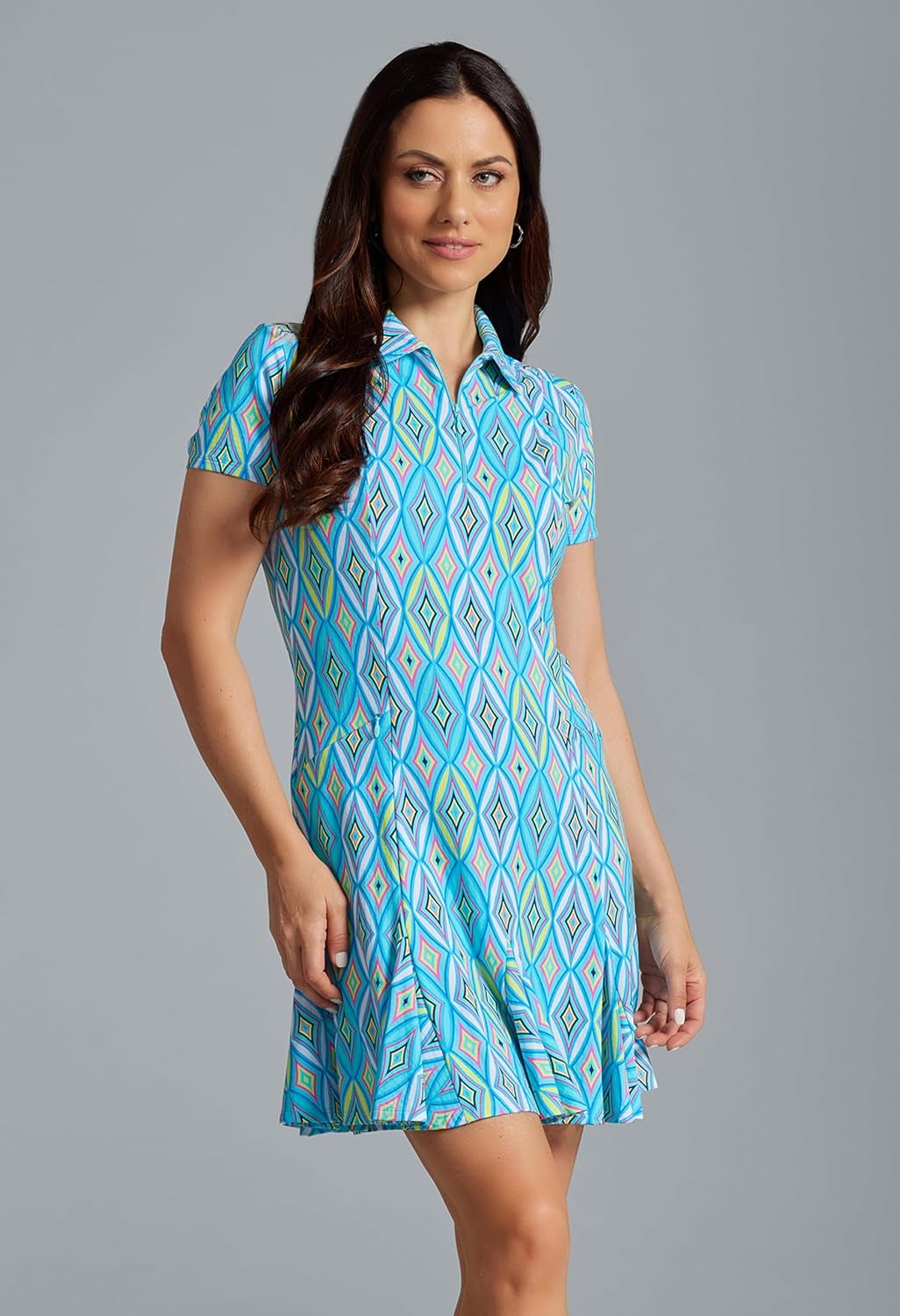 IBKUL Athleisure Wear Sun Protective UPF 50+ Icefil Cooling Romina Print Short Sleeve Godet Dress - 69931