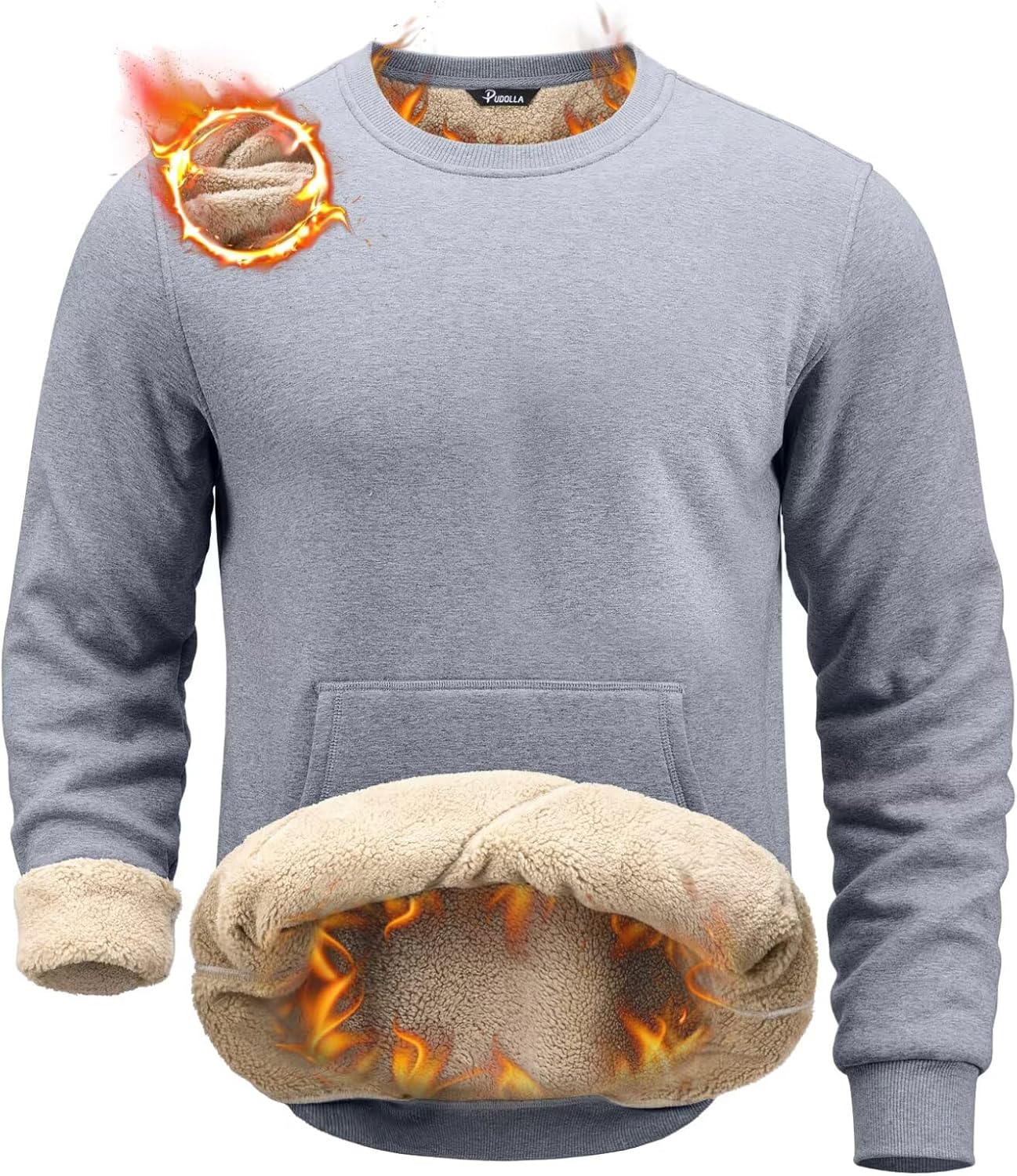 Pudolla Men's Sherpa Lined Sweatshirts Warm Soft Crewneck Sweatshirts Heavyweight Winter Pullover Kangaroo with Pouch Pocket