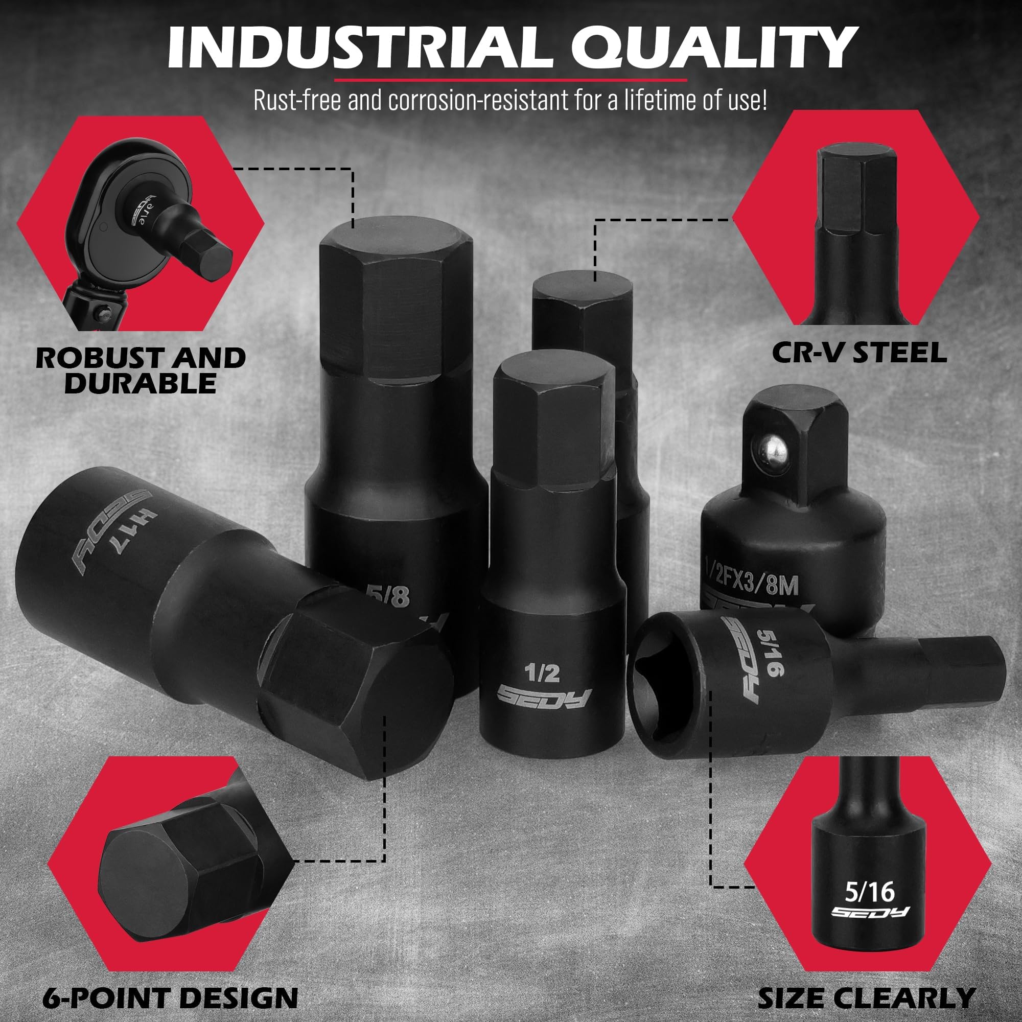 Hex Bit Impact Socket Set: 36-Piece with 4 Adapters, 1/4" 3/8" 1/2" Drive Master Allen Impact Socket Set, SAE and Metric, H5-H19 & 3/4"-5/64", Heavy Duty Storage Case, Automotive Mechanic