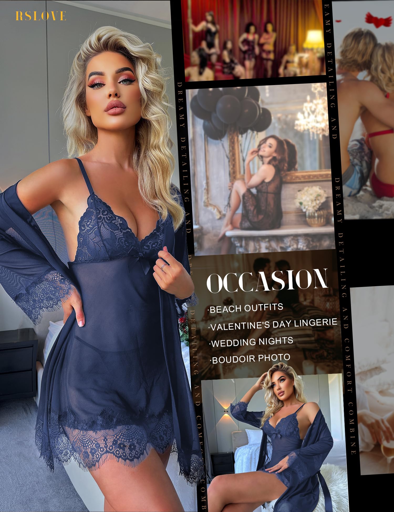 RSLOVE Women Sexy Lingerie Set 3 Piece Babydoll & Lace Kimono Robe Strap Chemise Mesh Nightgown Wine Red M