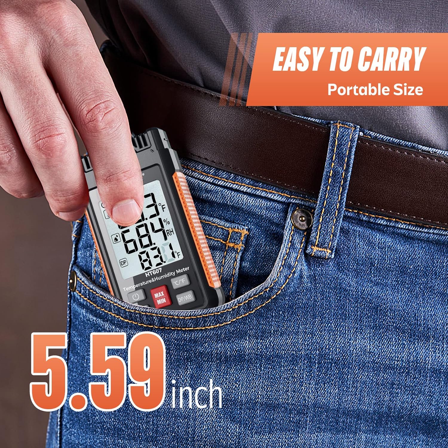 HT607 Temperature Humidity Meter High Precision Digital Hygrometer with Ambient, Relative Humidity, Dew Point, Wet Bulb Thermometer, Min/Max Hold, LCD Backlight with Cover Protector