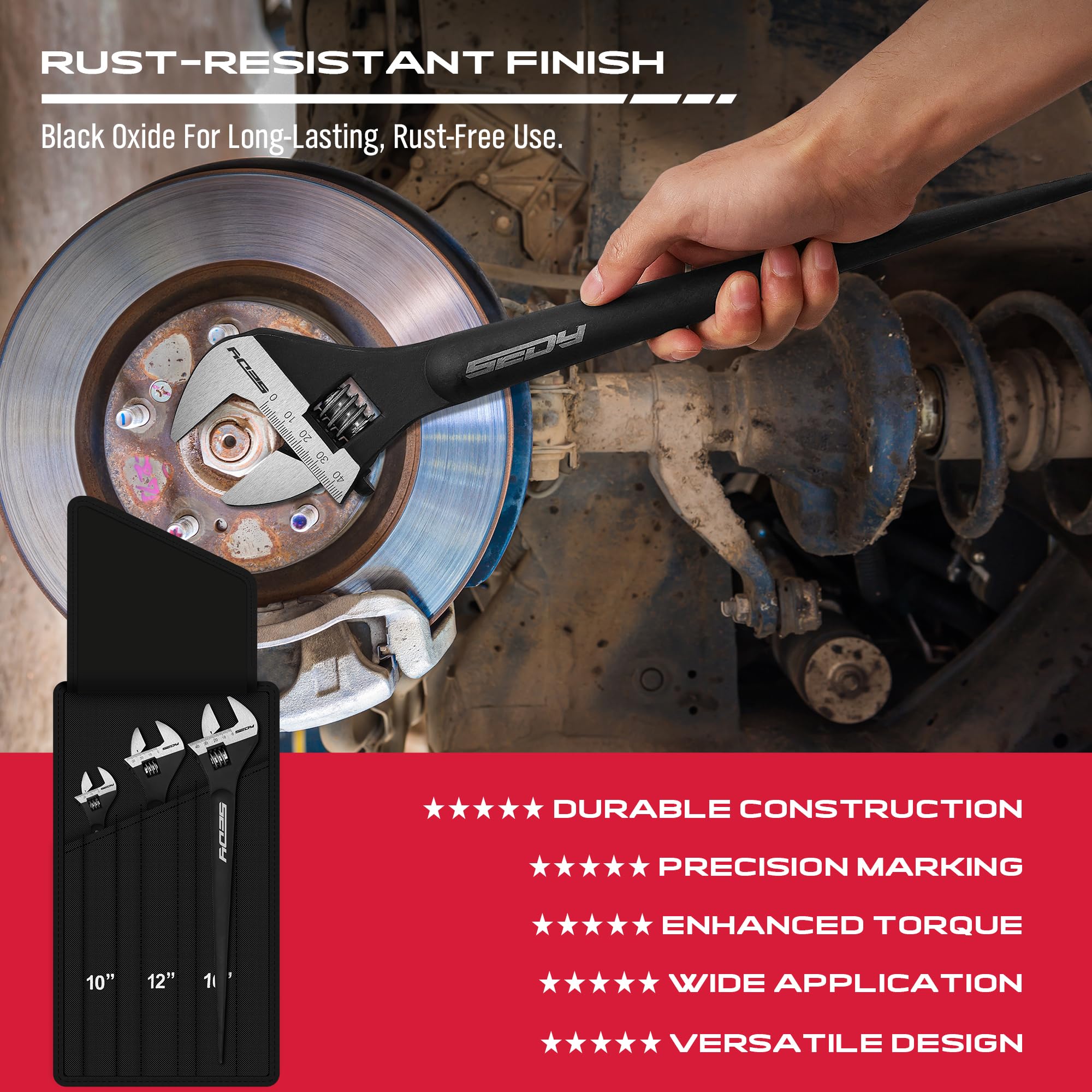 Adjustable Wrench Set Wrenches Sets: 4-Piece 6, 8, 10, 12 Inch Chrome Vanadium Steel Corrosion-Resistant Black Oxide Finish for Automotive Plumbing and Household Repairs