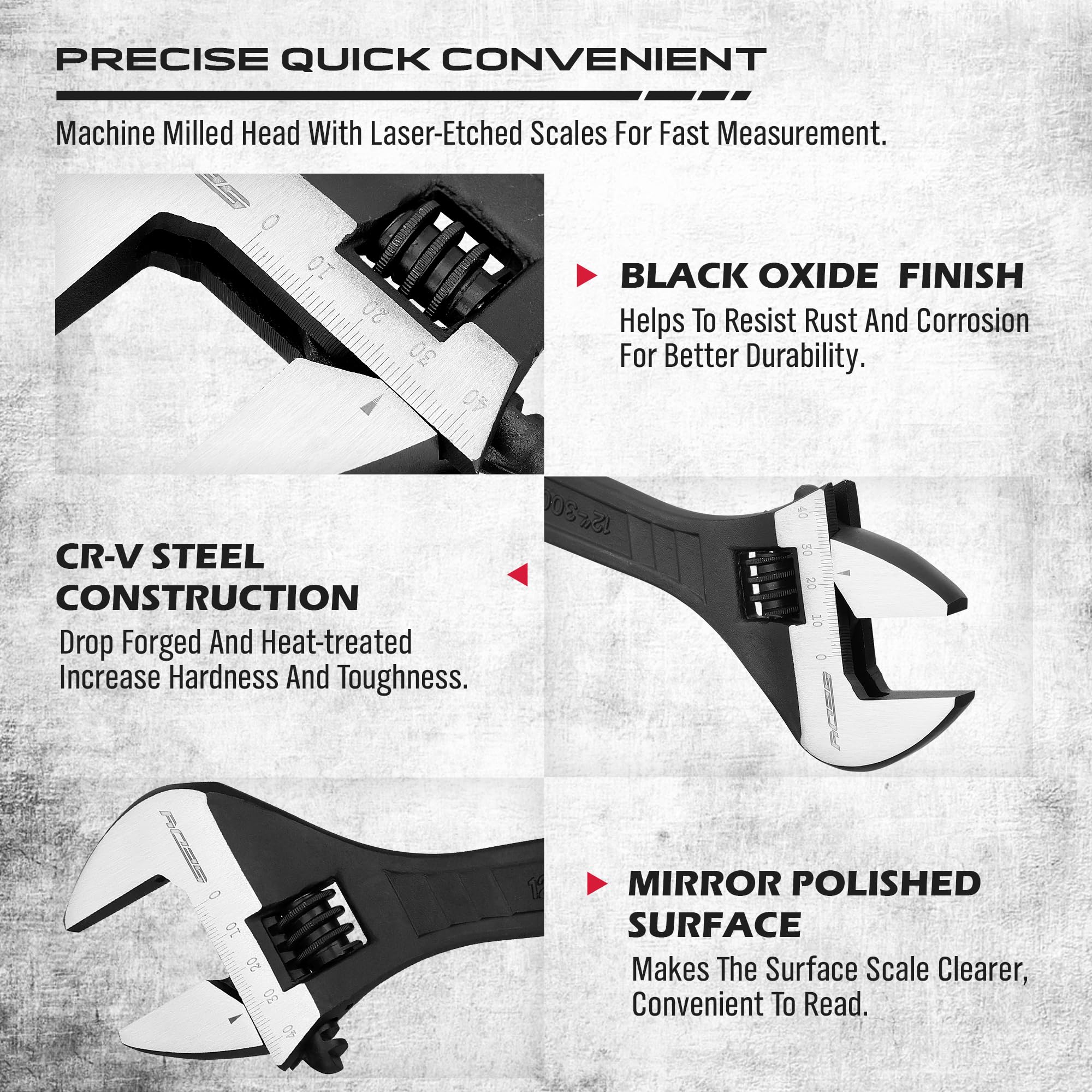 Adjustable Wrench Set Wrenches Sets: 4-Piece 6, 8, 10, 12 Inch Chrome Vanadium Steel Corrosion-Resistant Black Oxide Finish for Automotive Plumbing and Household Repairs