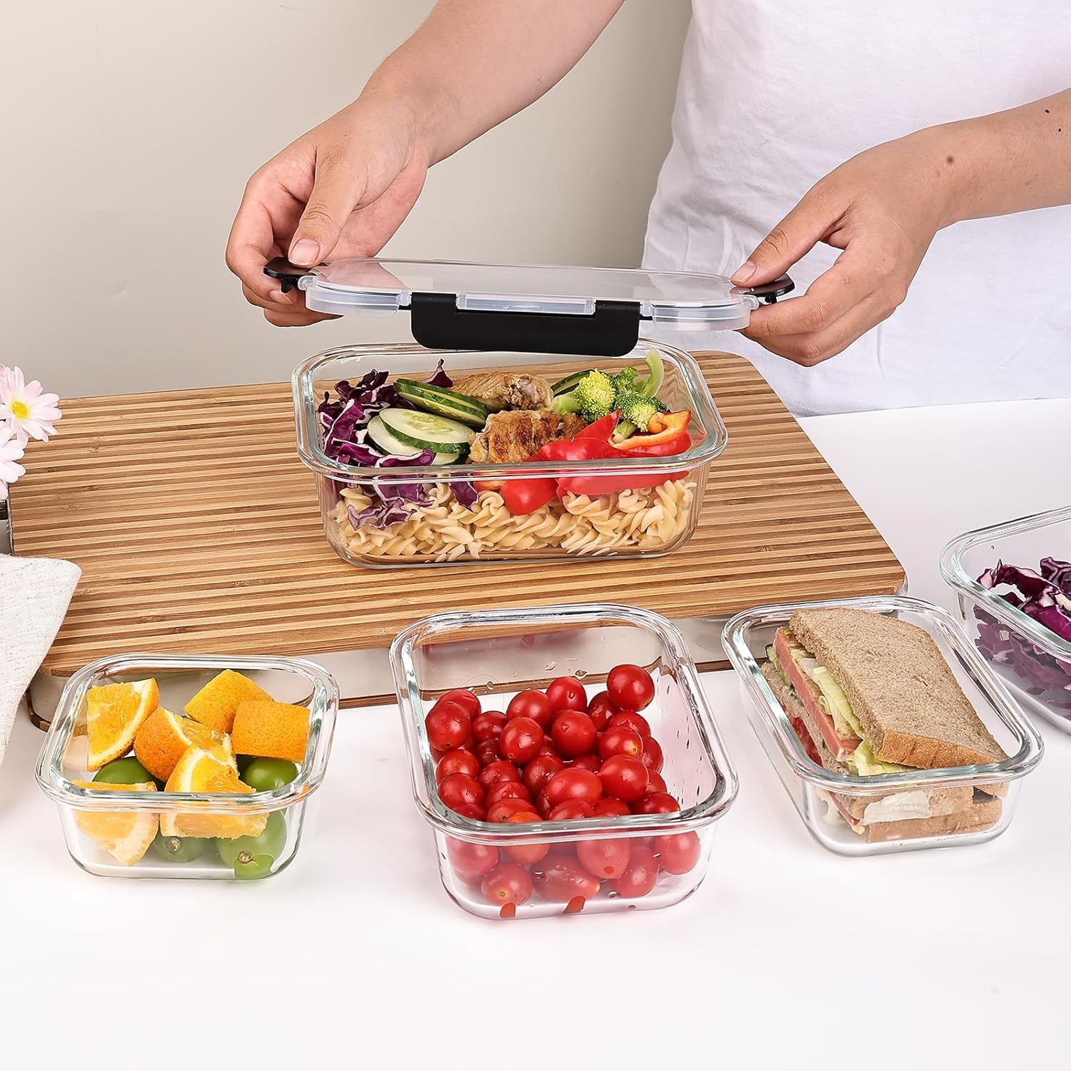 8 Pack Glass Food Storage Containers with Lids, Meal Prep Containers, Airtight Bento Boxes with Leak Proof Locking for Microwave, Oven, Freezer and Dishwasher, BPA Free