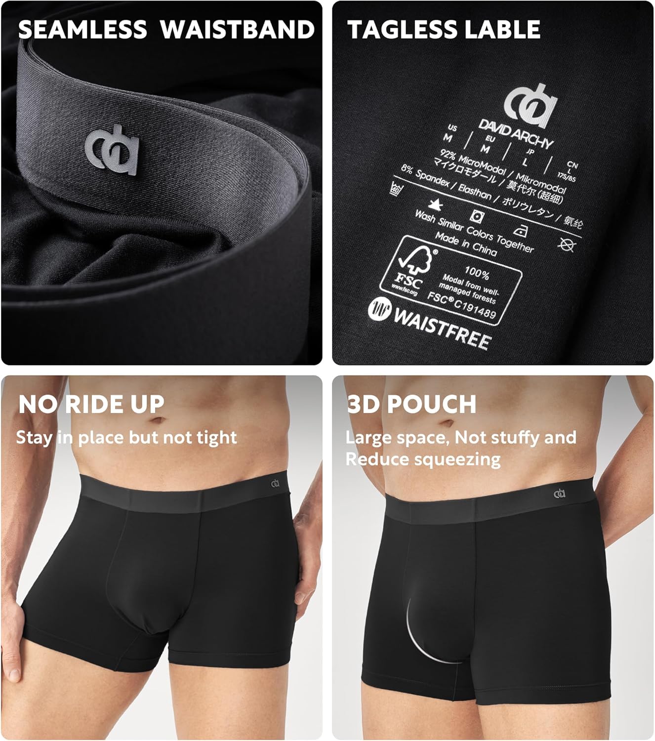 DAVID ARCHY Men's Underwear Trunks Modal Support Pouch Ultra Soft Breathable Seamless Underwear for Men 4 Pack