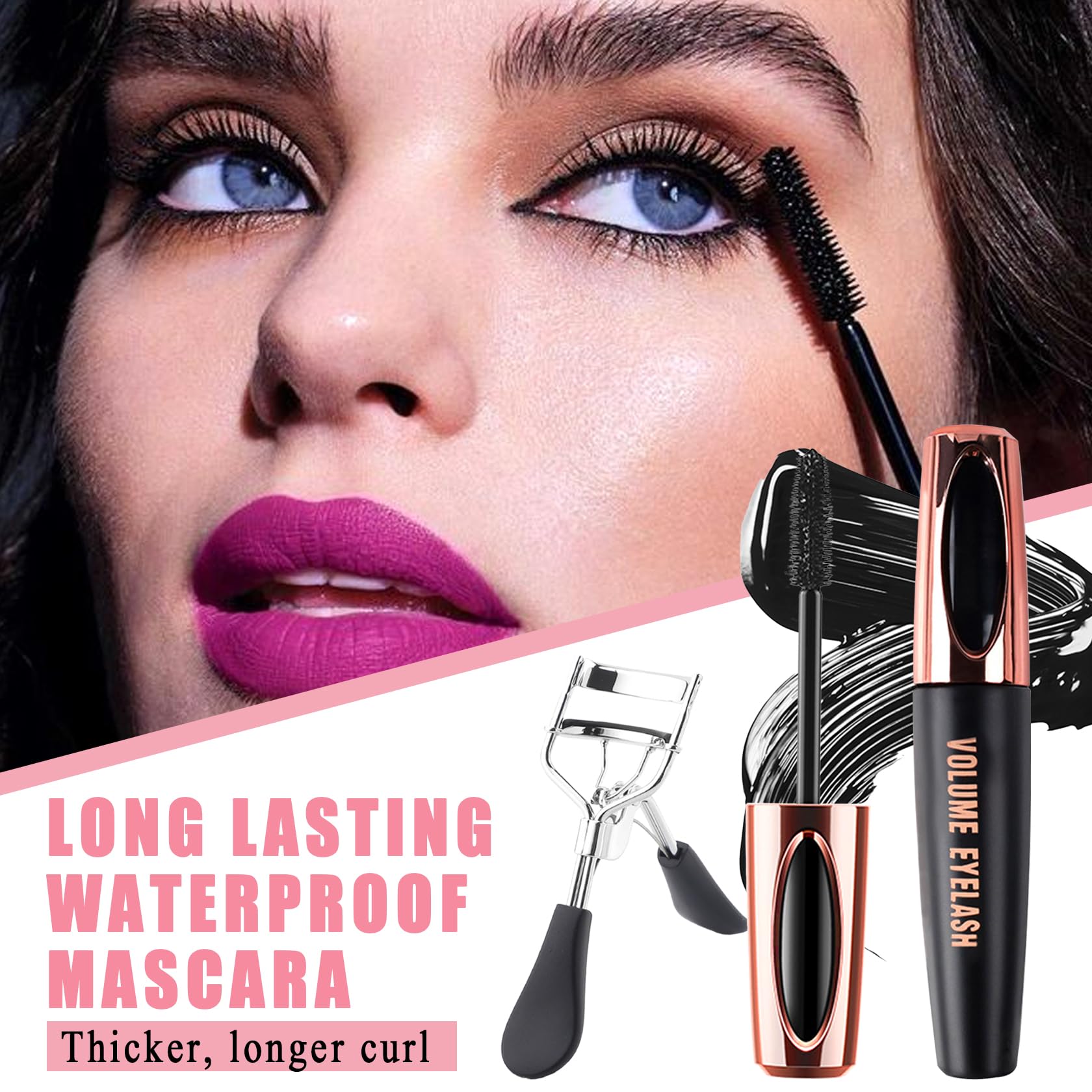 Black Telescopic Mascara Set,3PCS Black Mascara Volume and Length for Eye Makeup,Waterproofing No Clumping Tubing Mascara,No Smudging Curly Black Mascara with Eyelash Curler
