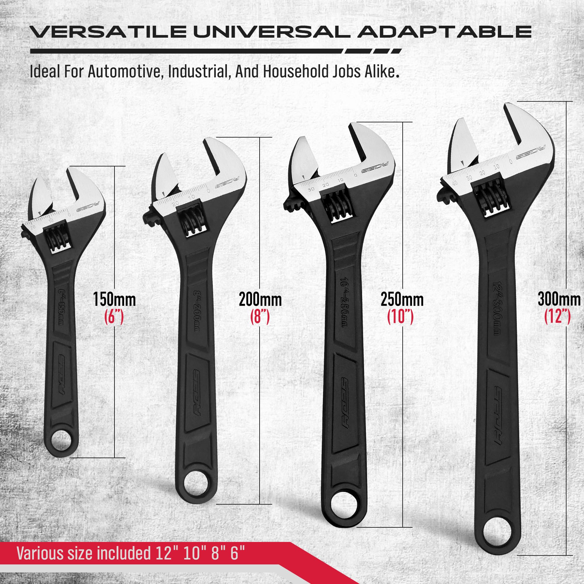 Adjustable Wrench Set Wrenches Sets: 4-Piece 6, 8, 10, 12 Inch Chrome Vanadium Steel Corrosion-Resistant Black Oxide Finish for Automotive Plumbing and Household Repairs