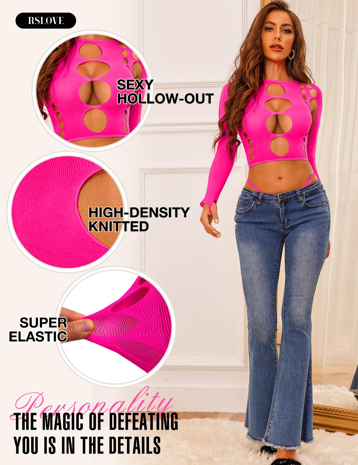 RSLOVE Women Sexy Lingerie Sets Bodysuit Cutout Top Long Sleeve Teddy Exotic Bodystocking Mesh Black