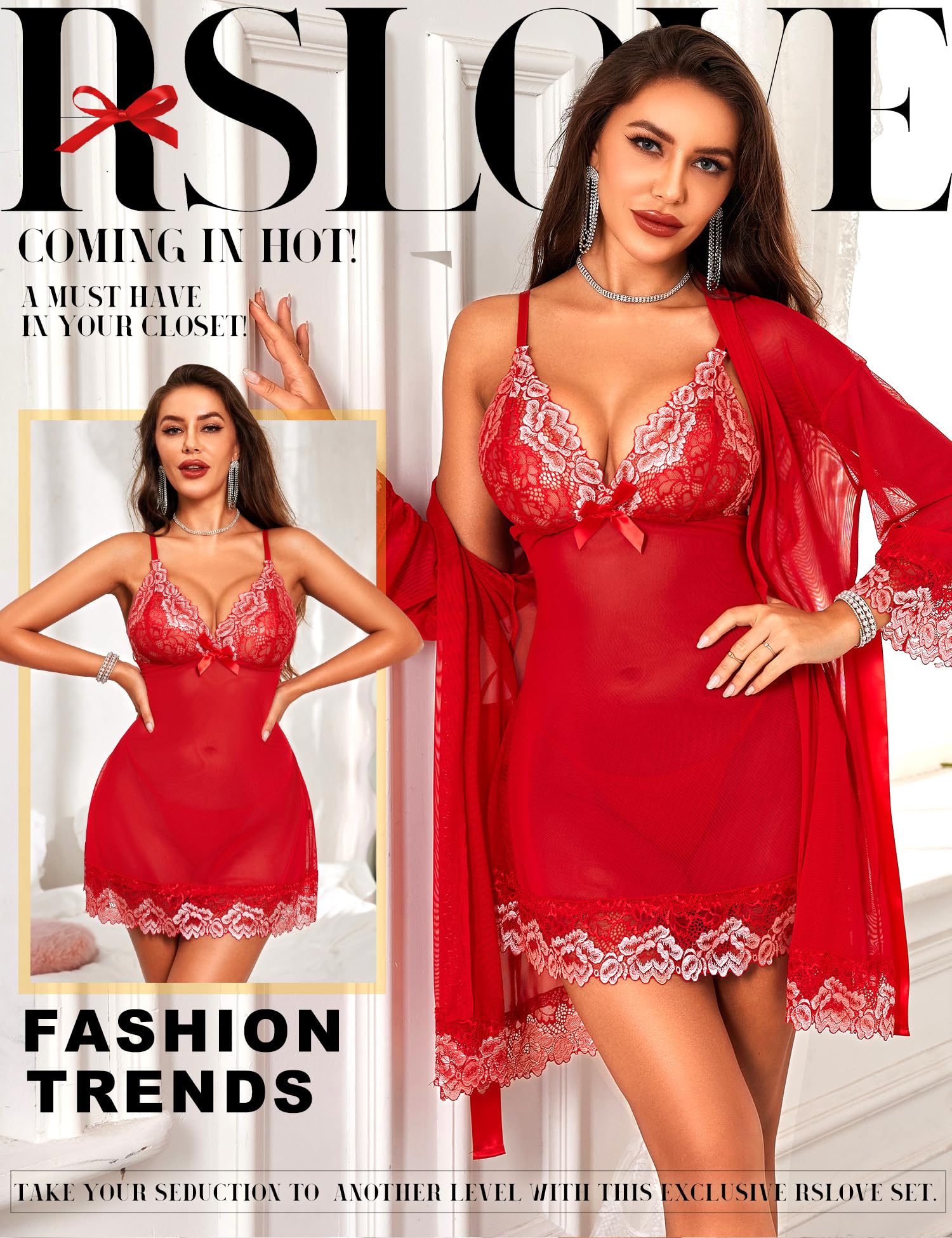 RSLOVE Women Sexy Lingerie Set 3 Piece Babydoll & Lace Kimono Robe Strap Chemise Mesh Nightgown Wine Red M