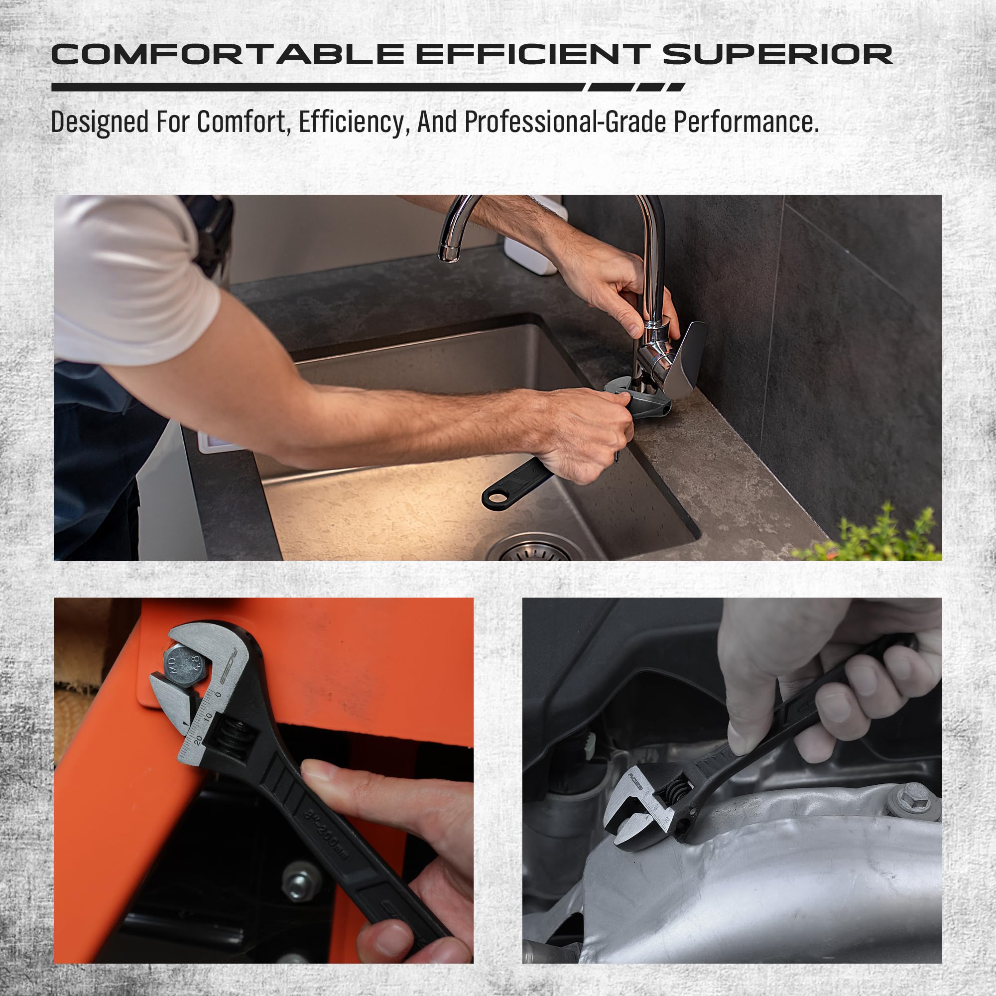 Adjustable Wrench Set Wrenches Sets: 4-Piece 6, 8, 10, 12 Inch Chrome Vanadium Steel Corrosion-Resistant Black Oxide Finish for Automotive Plumbing and Household Repairs