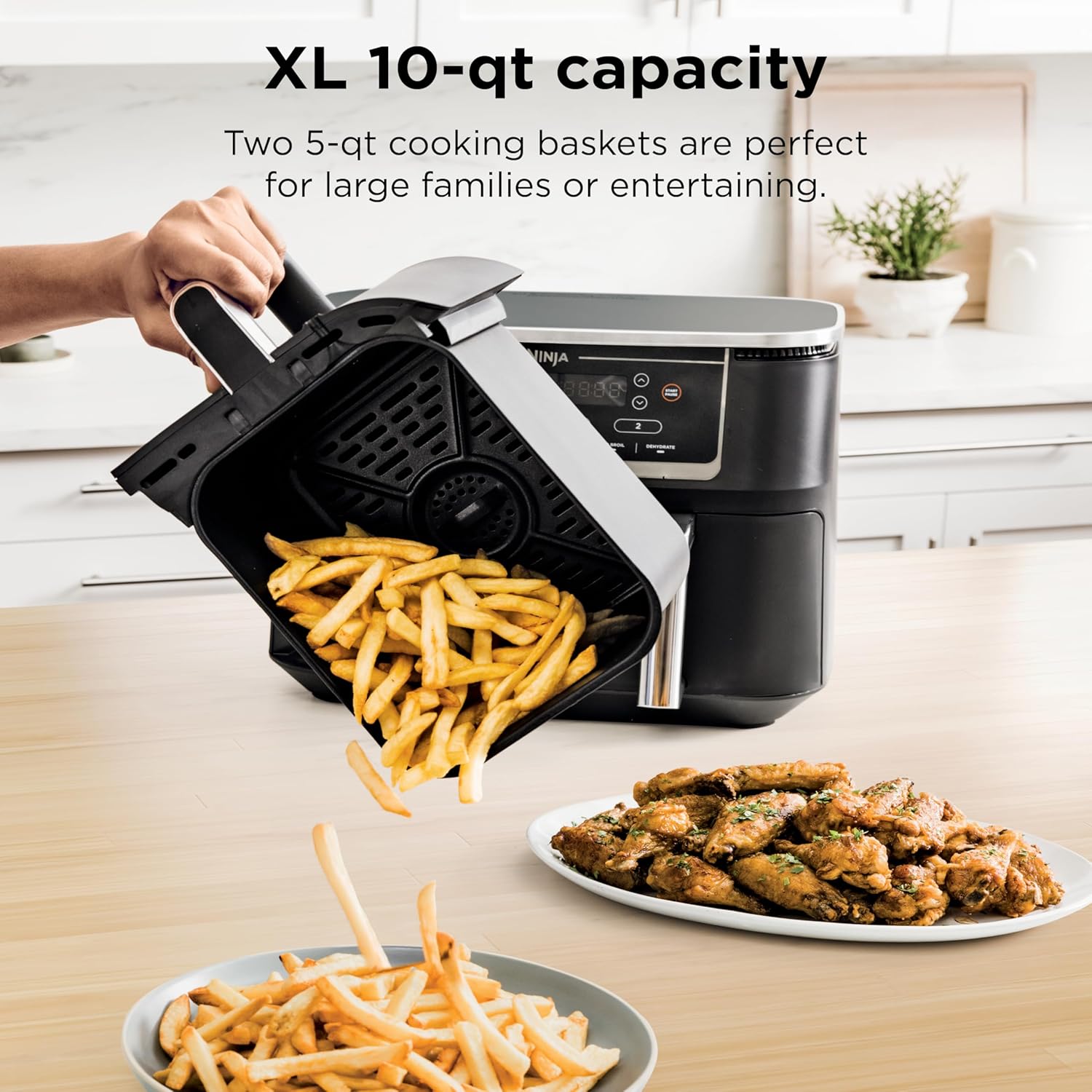 Ninja | Air Fryer | Finish Cooking Multiple Foods at the Same Time | 6-in-1 (Air Fry, Broil, Roast, Keep Warm, Dehydrate, Bake) | Fit up to 8lb Chicken Wings in the two 5 QT Baskets | DZ302