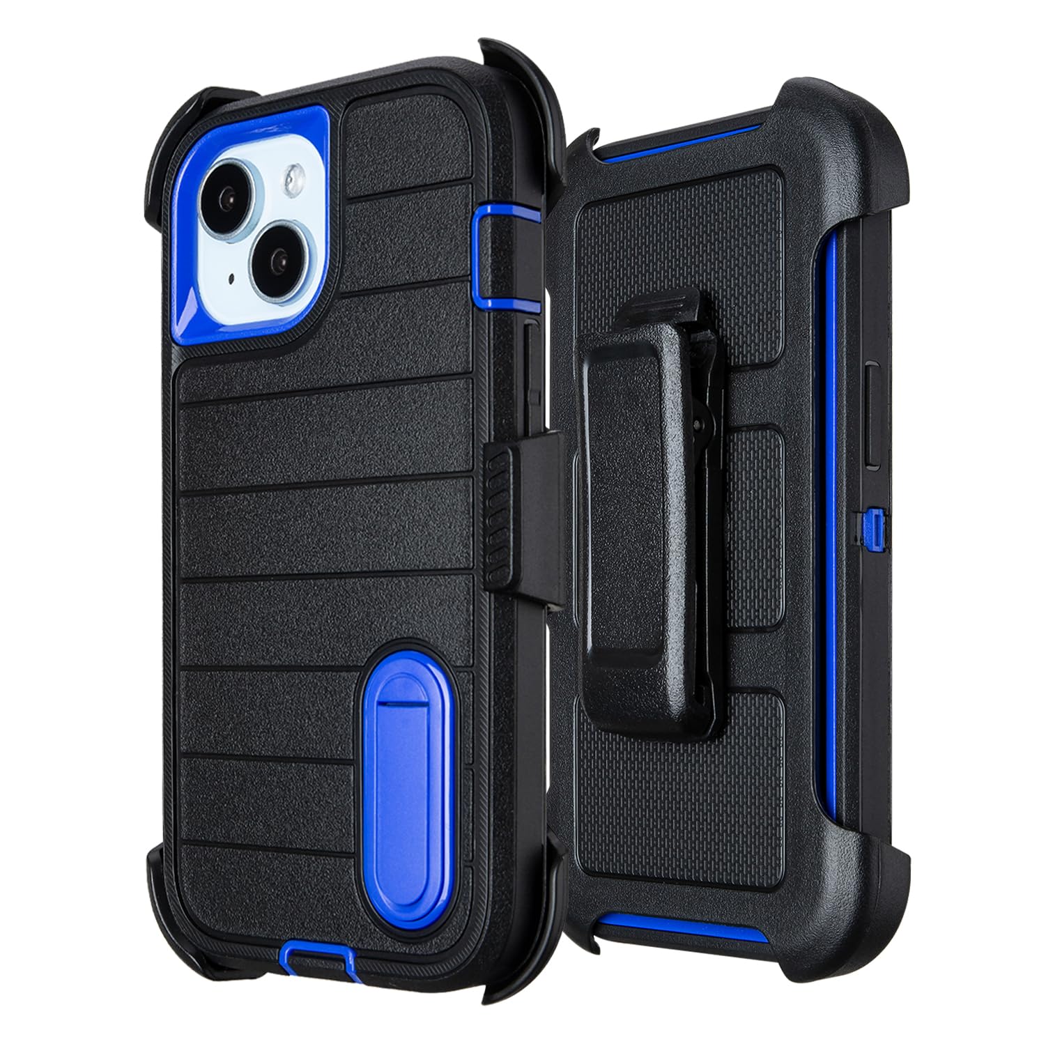 for Rugged iPhone 15 Case with Belt Clip Holster, Military Grade Heavy Duty Shockproof Cover for iPhone15 Case Protective with Stand 6.1 Inch (Black+Blue)