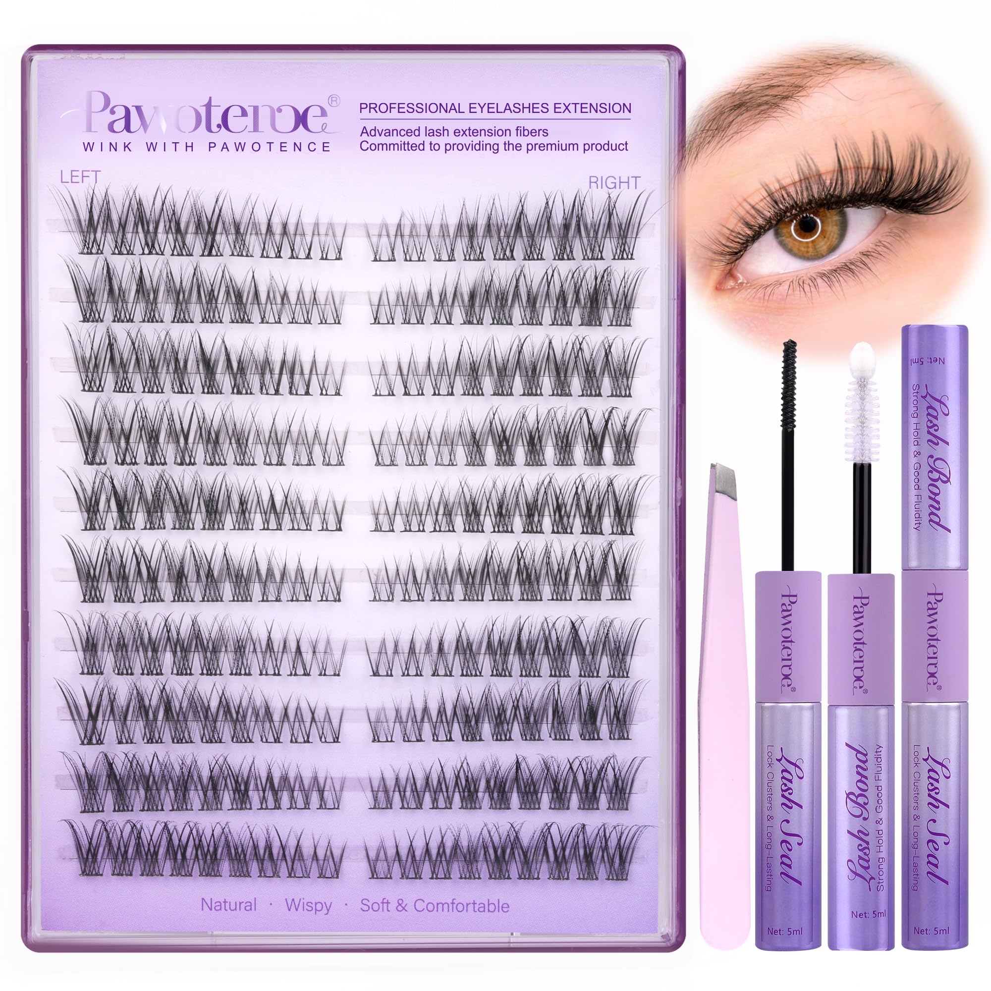 Pawotence Lash Extension Kit DIY 280pcs Lash Clusters Eyelash Extension Kit, 9-16mm 30D 40D Individual Lashes Kit with Lash Bond and Seal, Lash Tweezers for Self Use (30D&40D, 0.07D, 9-16mm, Kit)