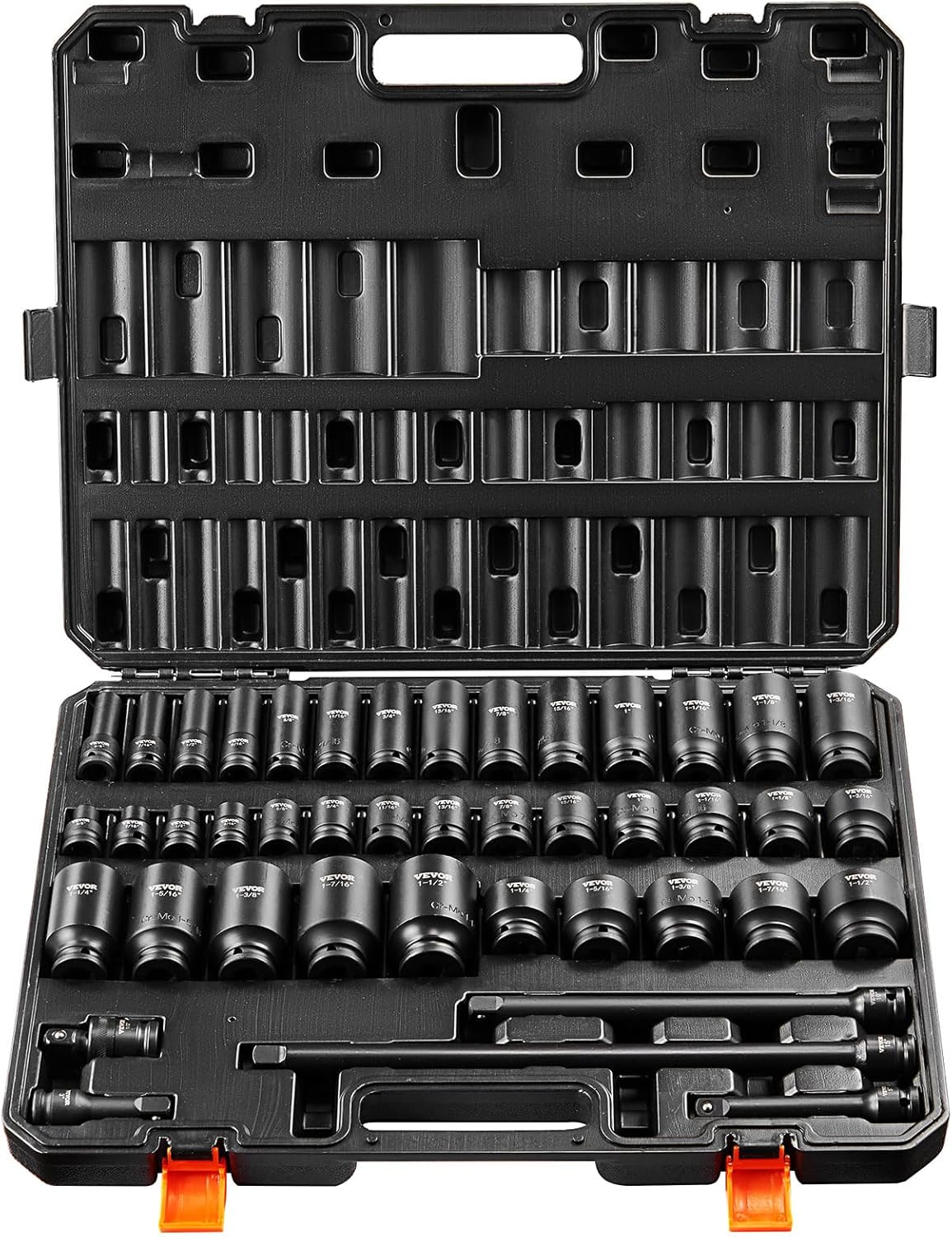 VEVOR Impact Socket Set 3/8" Drive, 48-Piece Standard SAE (5/16 to 3/4 inch) & Metric (8 to 22 mm) Size, Deep & Shallow, 6 Point, CR-V, Extension Bar, Universal Joint, 1/2" F to 3/8" M Reducer