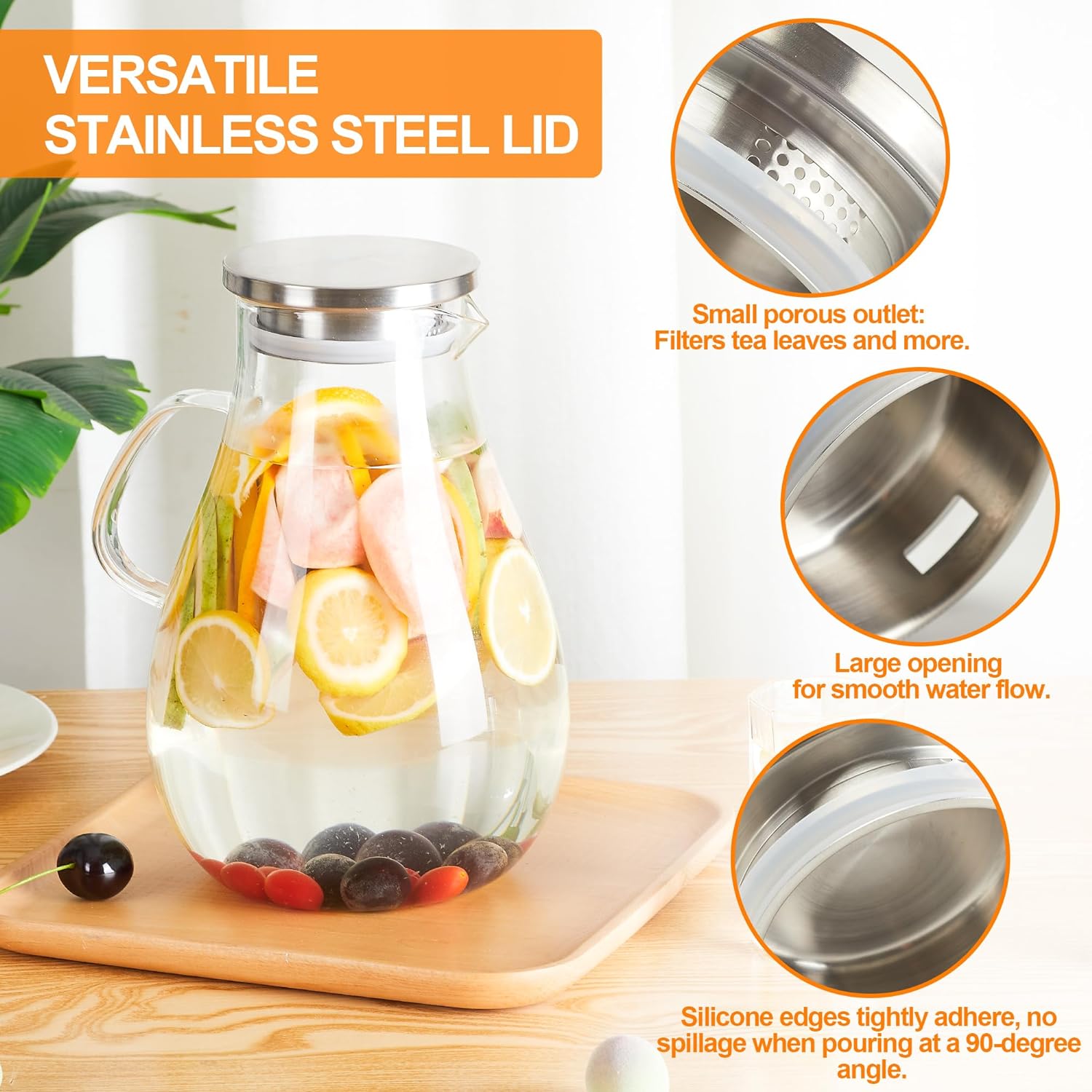 Glass Pitcher with Lid,1 Gallon Glass Water Pitcher Hot/Cold Water Jug, Juice and Iced Tea Beverage Carafe with Lid (Extra-Wide Mouth)