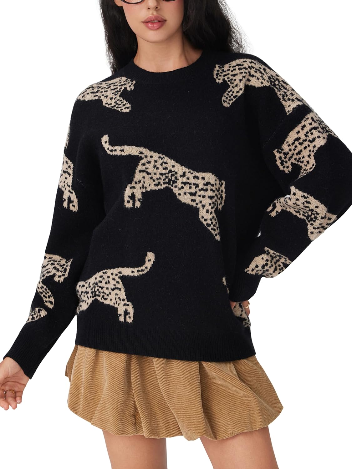 CIDER Womens Leopard Crew Neck Long Sleeve Boho Knit Sweater Casual Pullover Fall Sweater