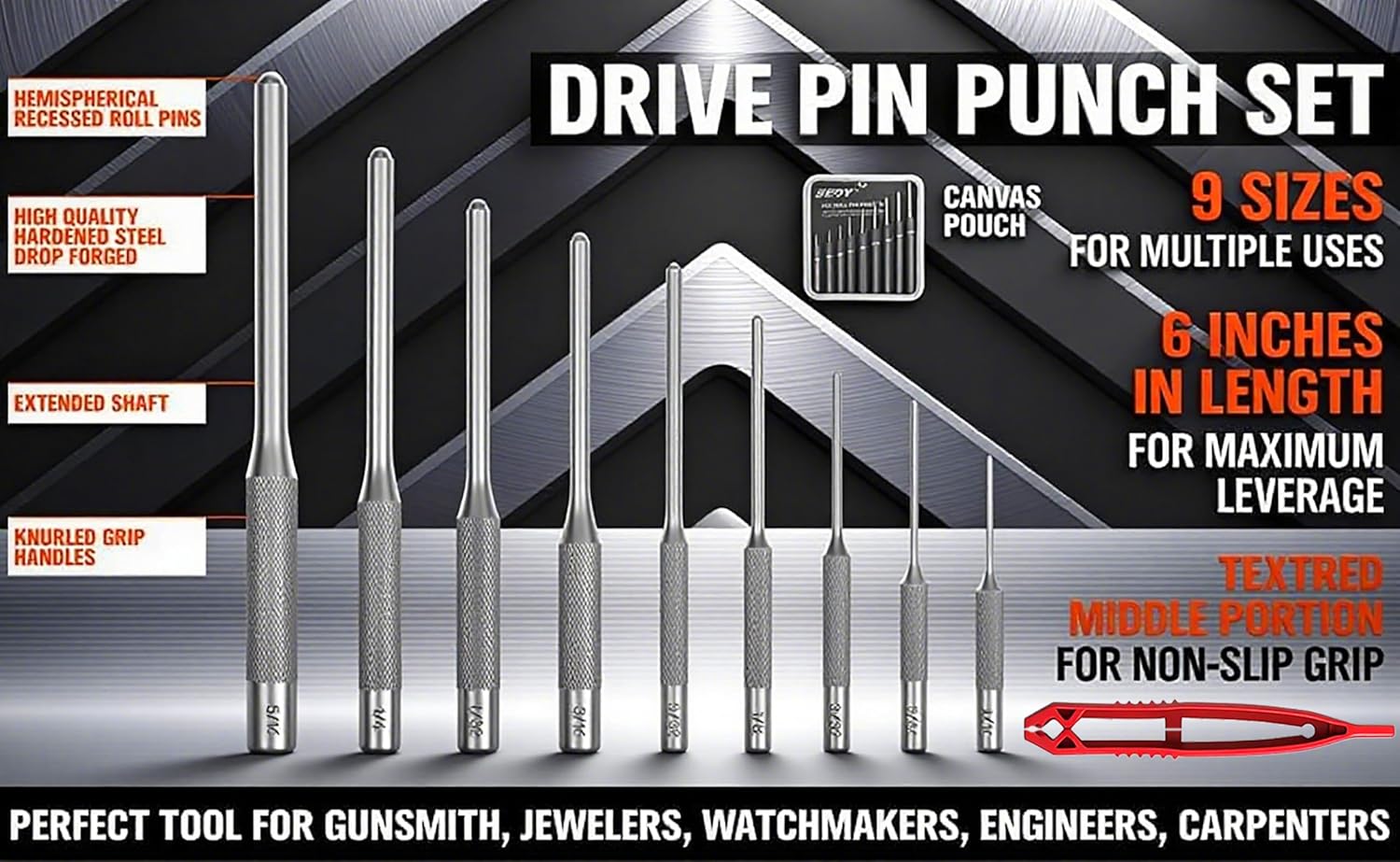 9-Piece Roll Pin Punch Set - Fast Pin Removal - Durable Steel & Construction - For Automotive, Firearm Maintenance, Watch, Jewelry & Craft Repair - Knurled Grip - Versatile Sizes