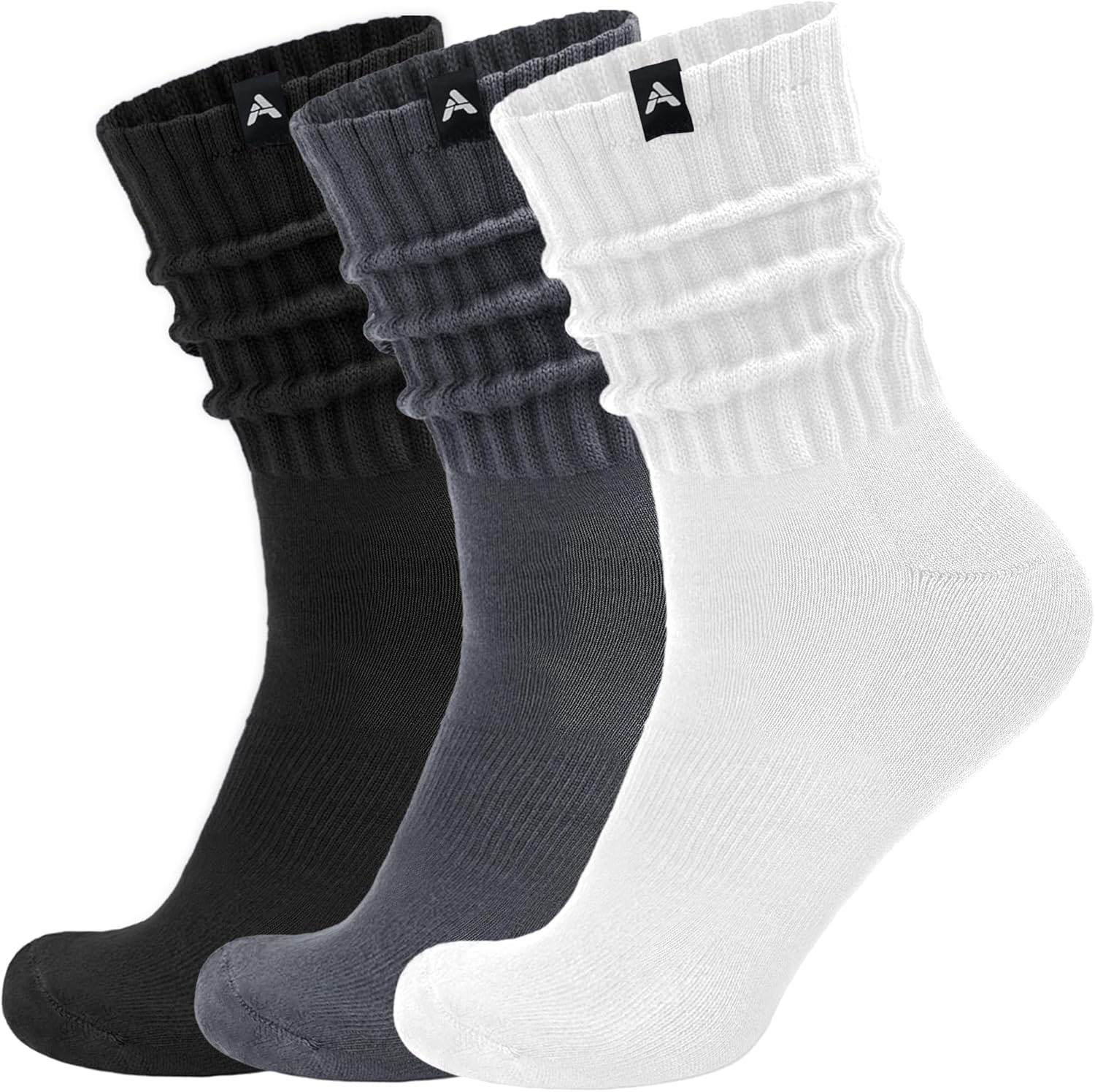 Scrunch Slouch Crew Socks Retro Ribbed Cotton Cushioned 3 Pack Boot Sneaker Gym Cozy Calf Socks For Men & Women