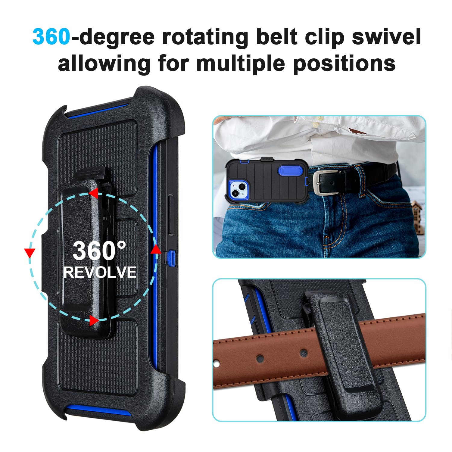 for Phone case iPhone 13 Case with Belt Clip, Heavy Duty Military Grade Drop iPhone13 Protective Case, Shockproof Defender Cover for iPhone 13 Cases 6.1 inch (Black+Blue)