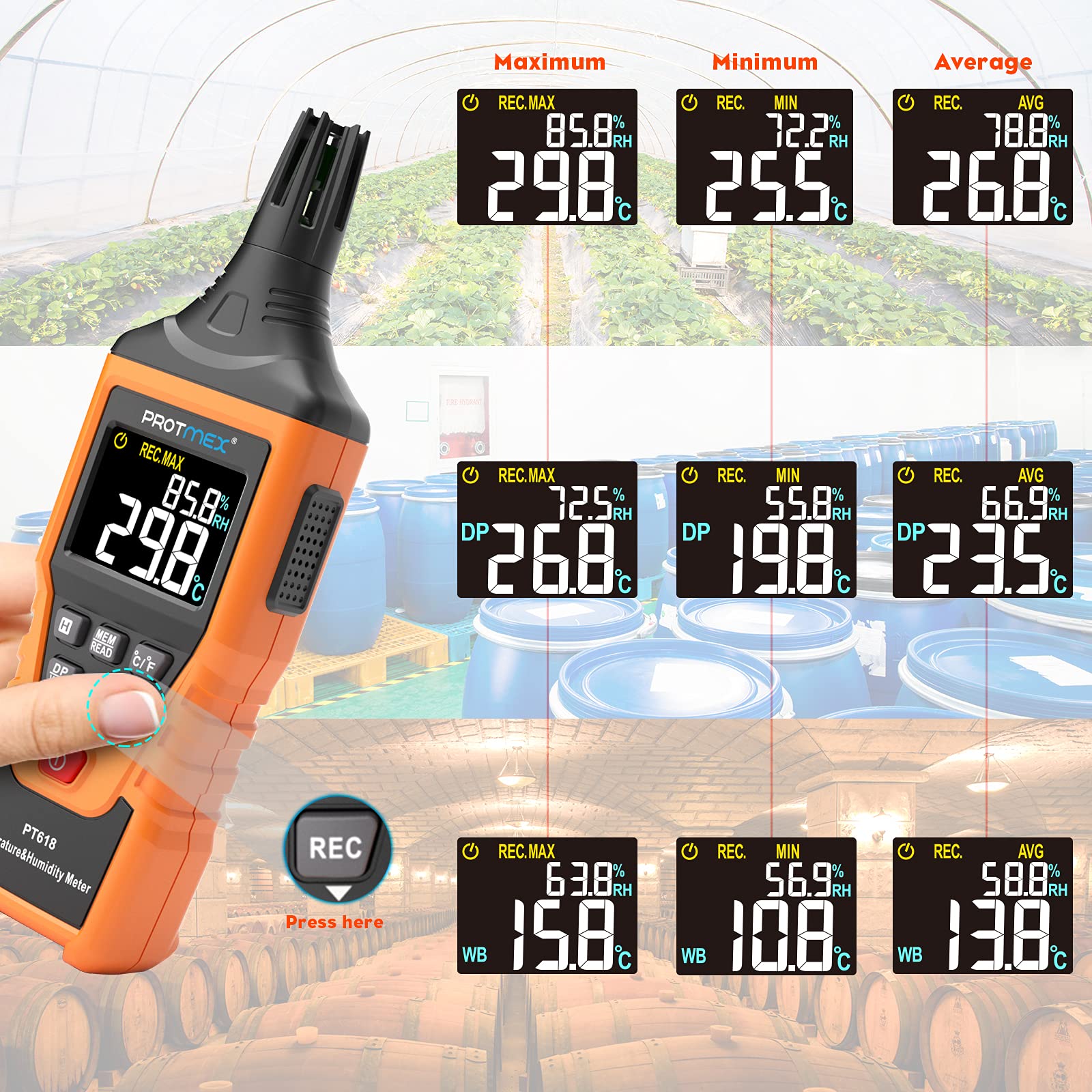 PT6508 Temperature Humidity Meter, Digital Thermometer Hygrometer Monitor with Ambient, Dew Point, Wet Bulb for Indoor/Outdoor MIN, MAX, Data Hold, LCD Backlight