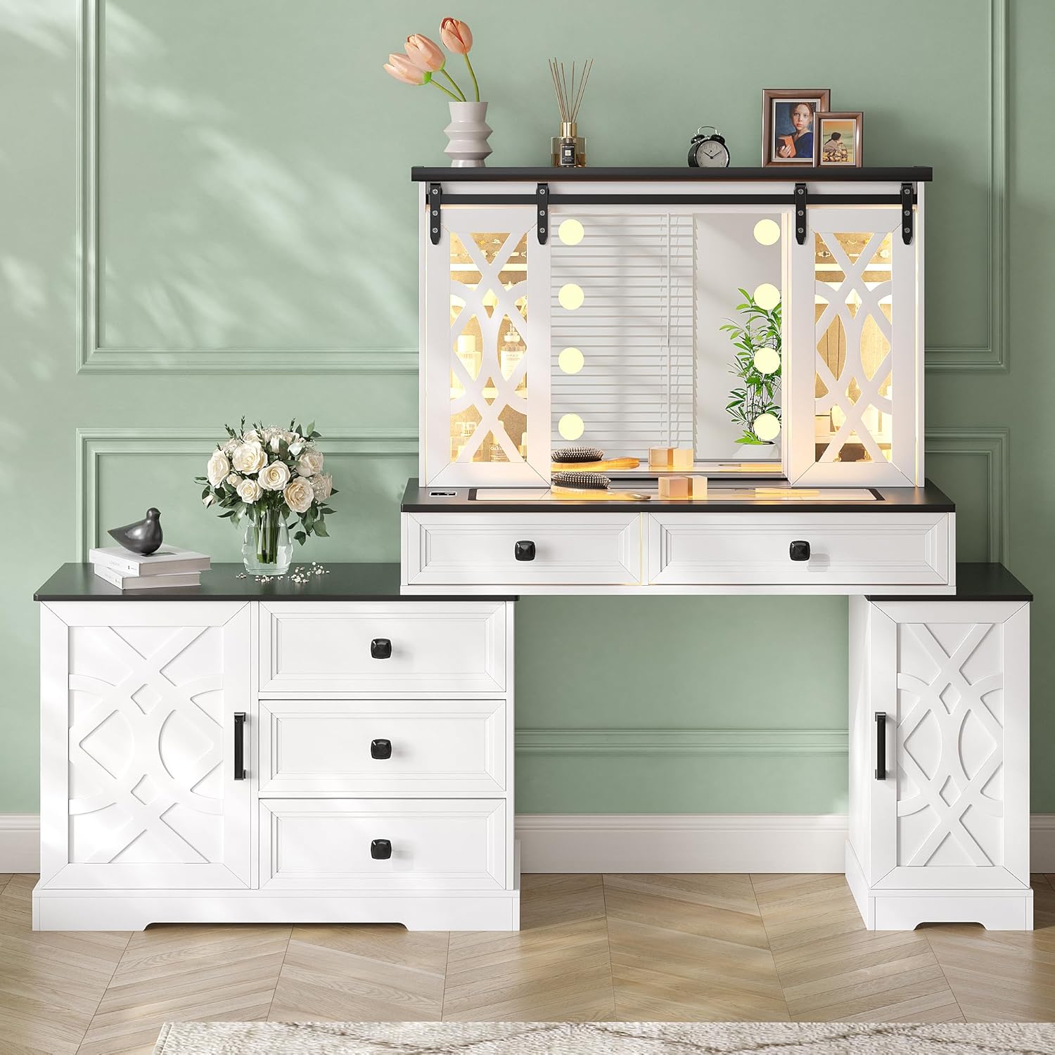 Vanity Desk with Mirror and Lights, Compact Makeup Table w/Storage Drawers & Shelves, Farmhouse Vanity Table with Hidden Chair for Bedroom, Gift for Girls Lady, Rustic Brown