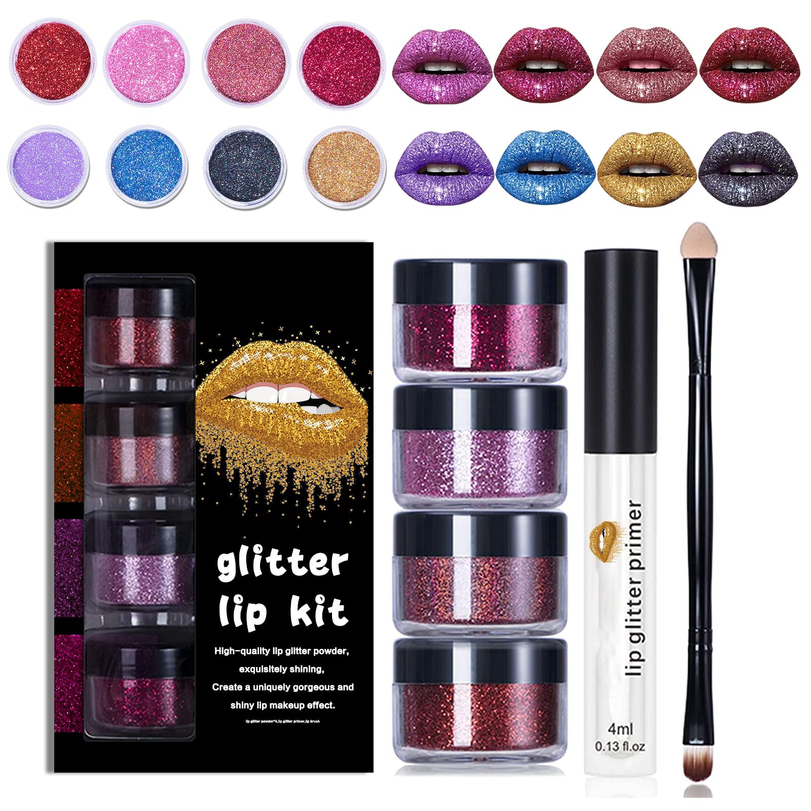 YECDET Sheglittary Glitter Lip Kit, 4 Color Glitter Lipstick with Lip Primer and Brush, Diamond And Glitter Metallic Lip Powder, Waterproof & Long Lasting & Smudge Proof (Set A)