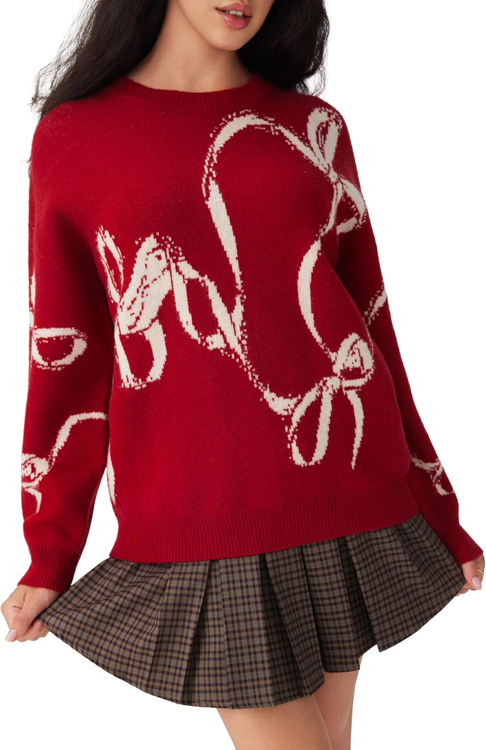 CIDER Womens Sweater Bow Knot Cute Y2k Long Sleeve Crew Neck Pullover Tops