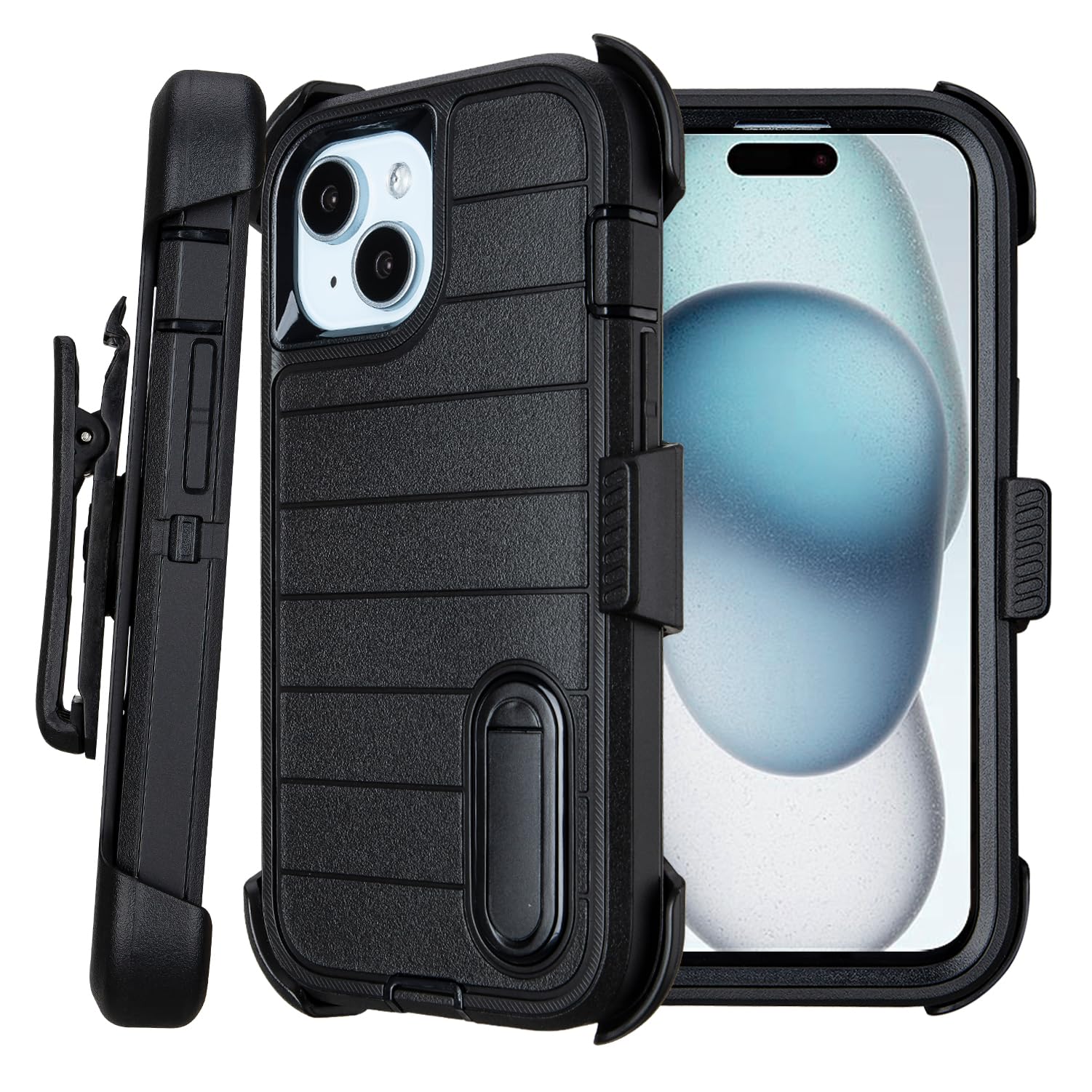 for Rugged iPhone 15 Case with Belt Clip Holster, Military Grade Heavy Duty Shockproof Cover for iPhone15 Case Protective with Stand 6.1 Inch (Black+Blue)
