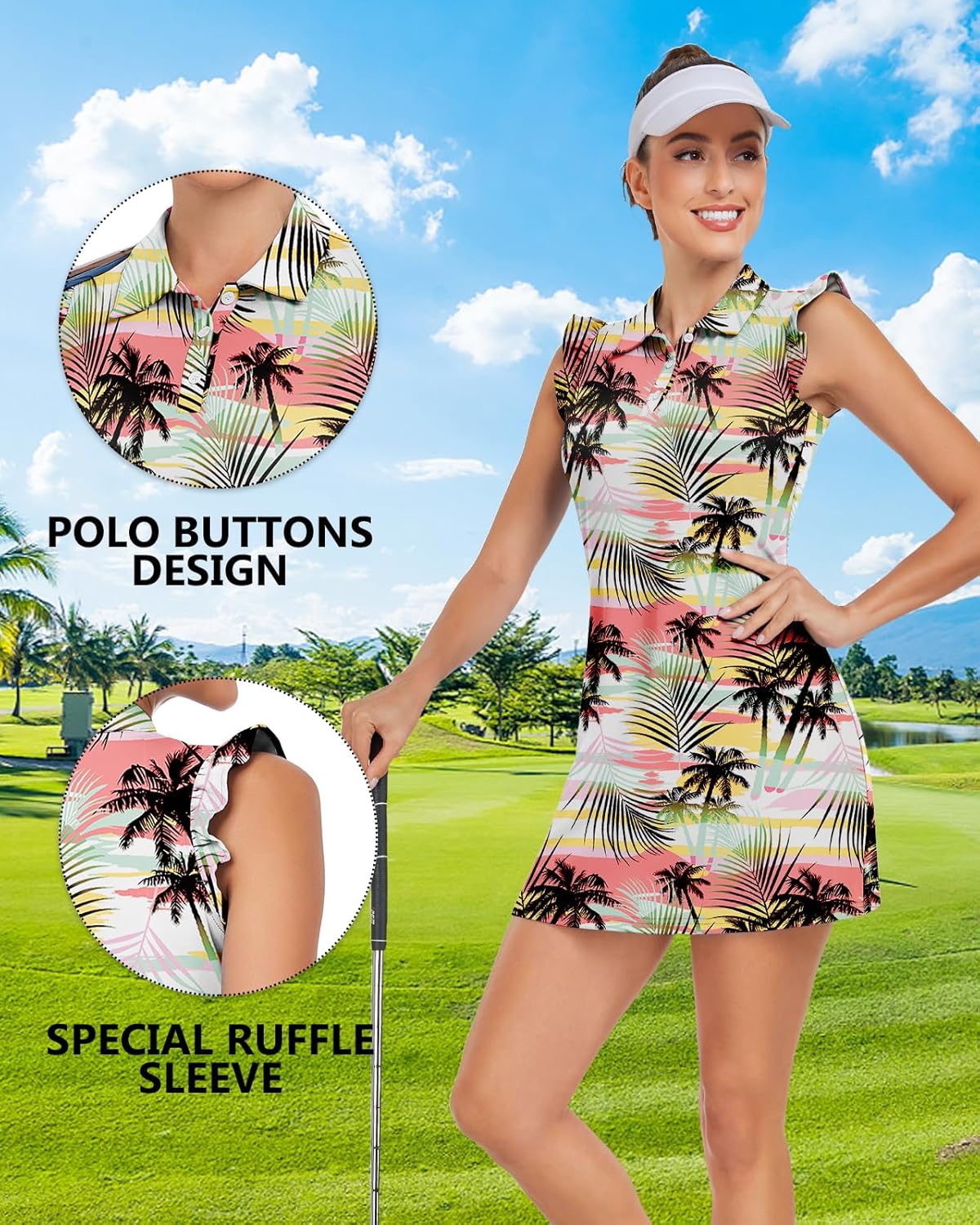 WOWENY Tennis Dress Polo Buttons Golf Dresses with Built in Shorts and Pockets Ruffle Sleeveless Athletic Workout Dress