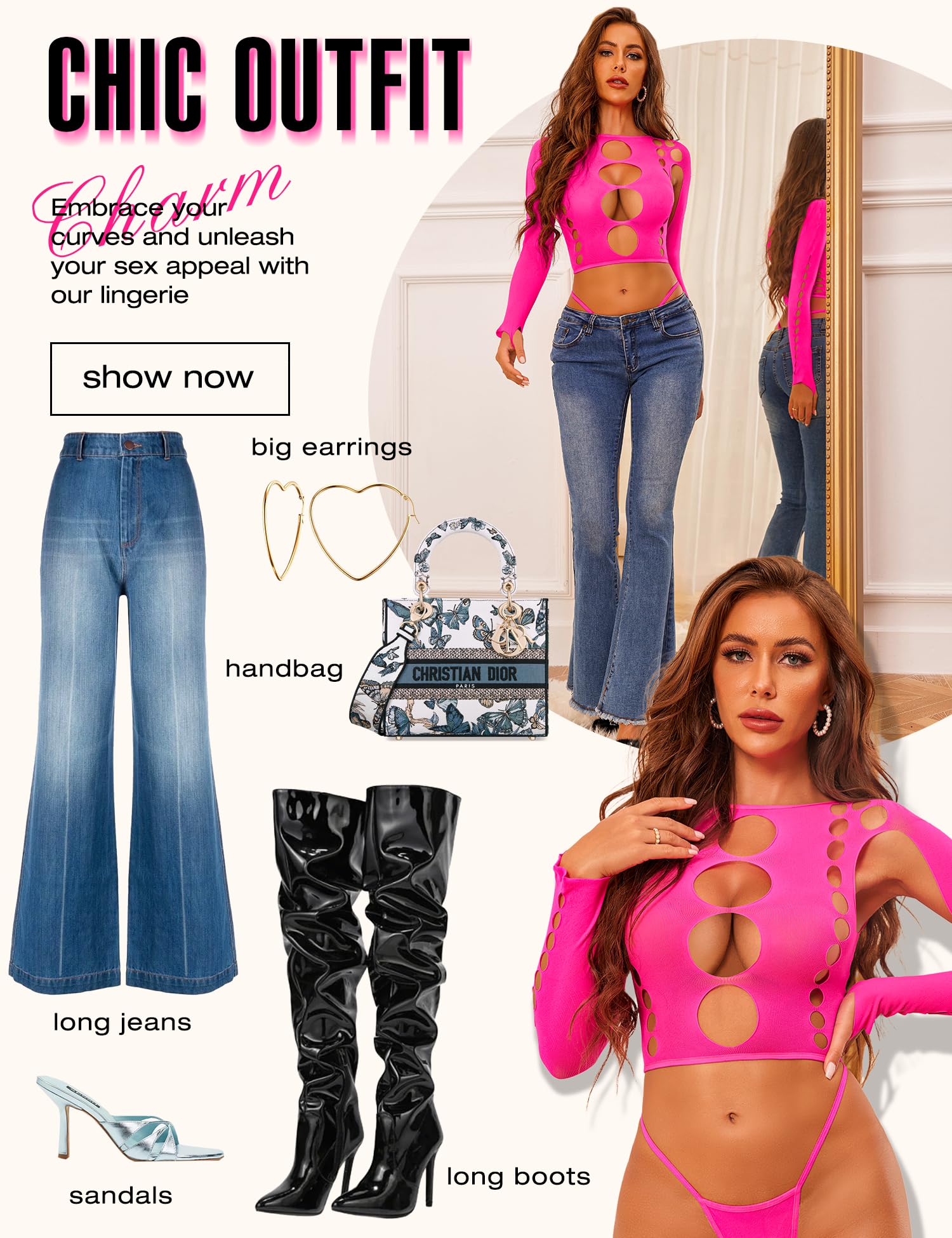 RSLOVE Women Sexy Lingerie Sets Bodysuit Cutout Top Long Sleeve Teddy Exotic Bodystocking Mesh Black