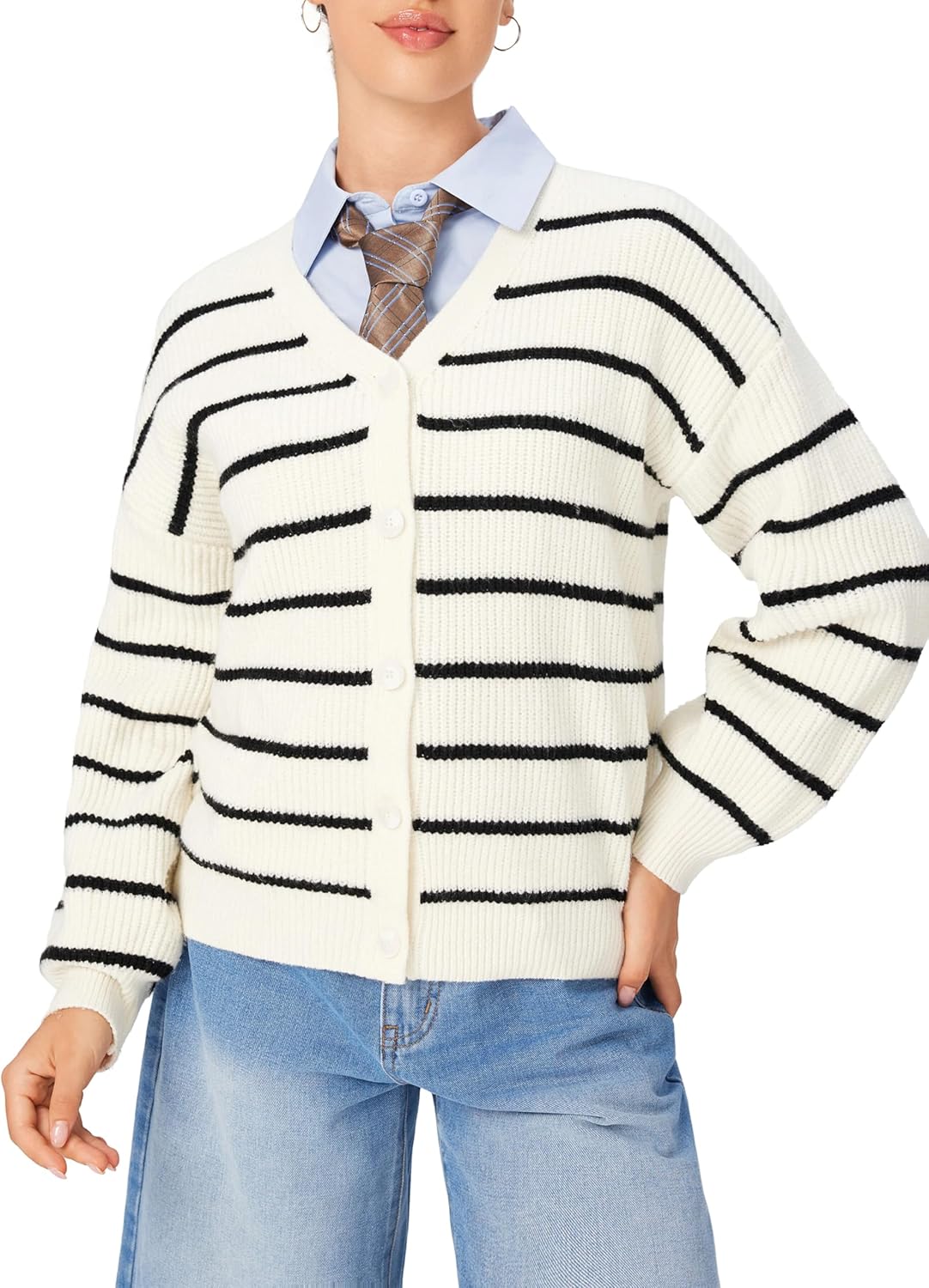 CIDER Women's Striped Knit Cardigan Button Down V Neck Fall Fashion Casual Sweater