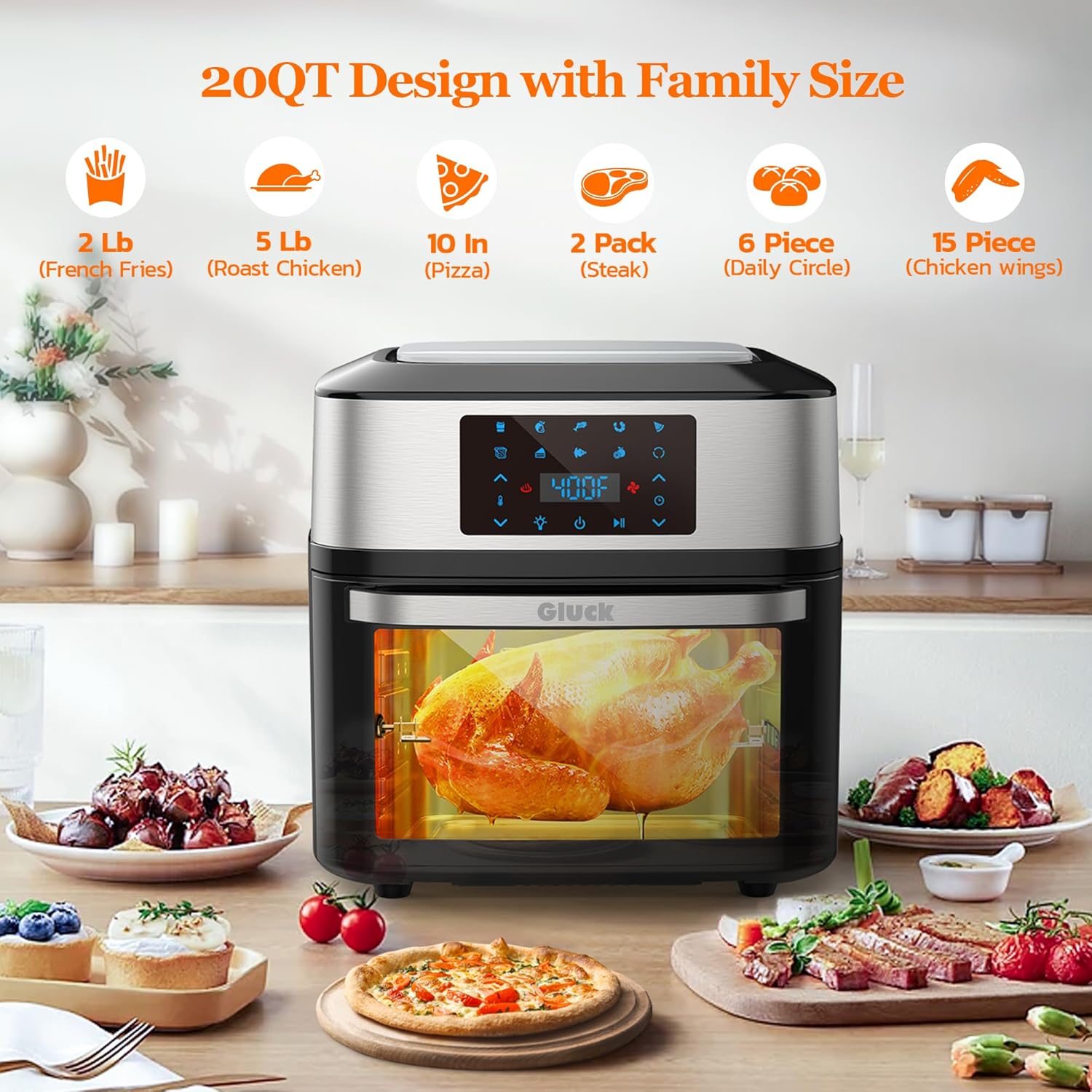 Air Fryer Oven Large 20 QT, 10-in-1 Toaster Oven Air Fryer Combo with Window for Family, Airfryer Oven with Rotisserie, 3 Dehydrating Racks