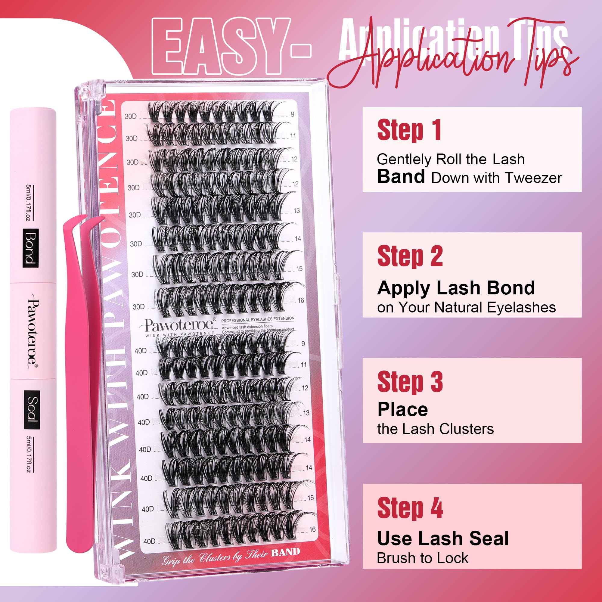Pawotence Lash Extension Kit DIY 280pcs Lash Clusters Eyelash Extension Kit, 9-16mm 30D 40D Individual Lashes Kit with Lash Bond and Seal, Lash Tweezers for Self Use (30D&40D, 0.07D, 9-16mm, Kit)