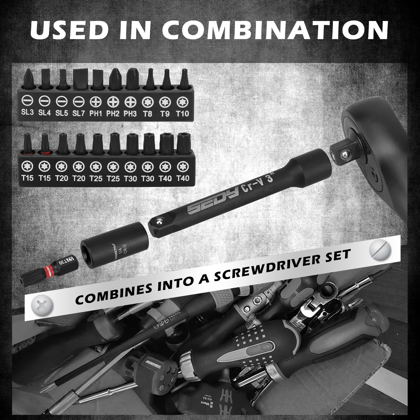 29-Piece 1/2" Drive Impact Socket Set, SAE (3/8 to 1 inch) and Metric (10-24mm) Sizes with Extension Bars Standard Deep Socket Set CR-V Material High Durability Impact Wrench